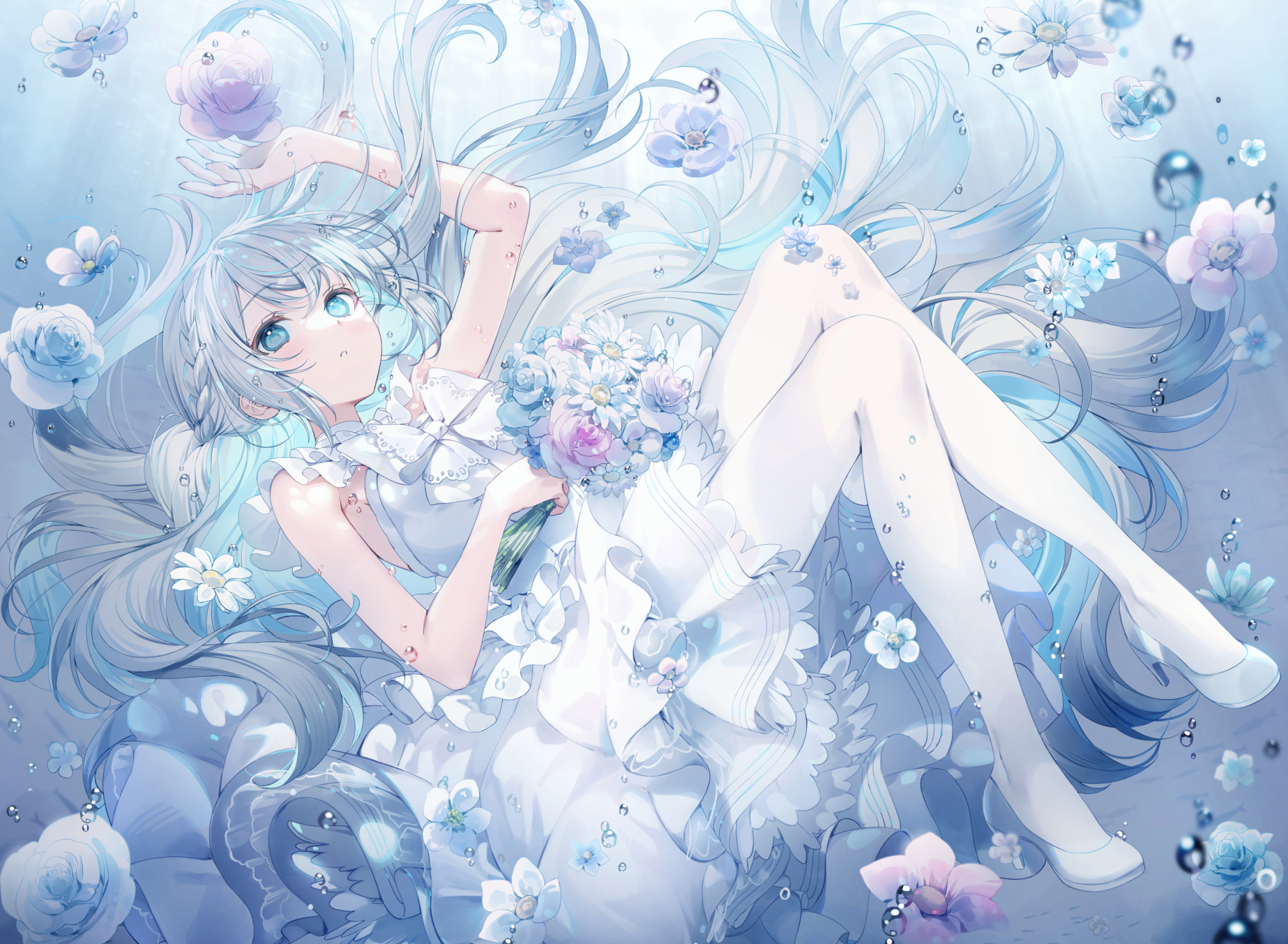 Anime 1847x1353 anime anime girls white dress dress white pantyhose flowers pantyhose water drops water in water looking at viewer bow tie blue eyes blue hair heels long hair