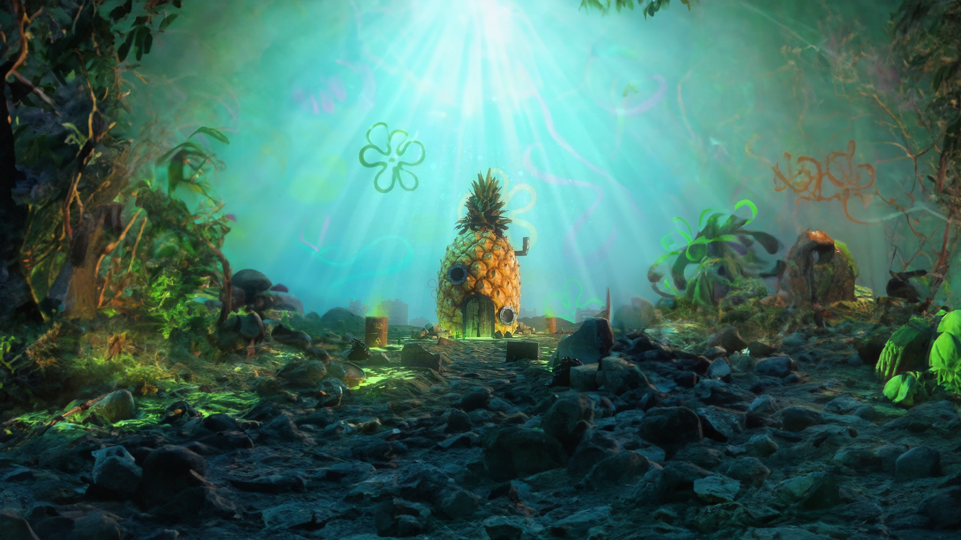 General 1920x1080 Spongebob pineapples underwater CGI digital art sunlight rocks