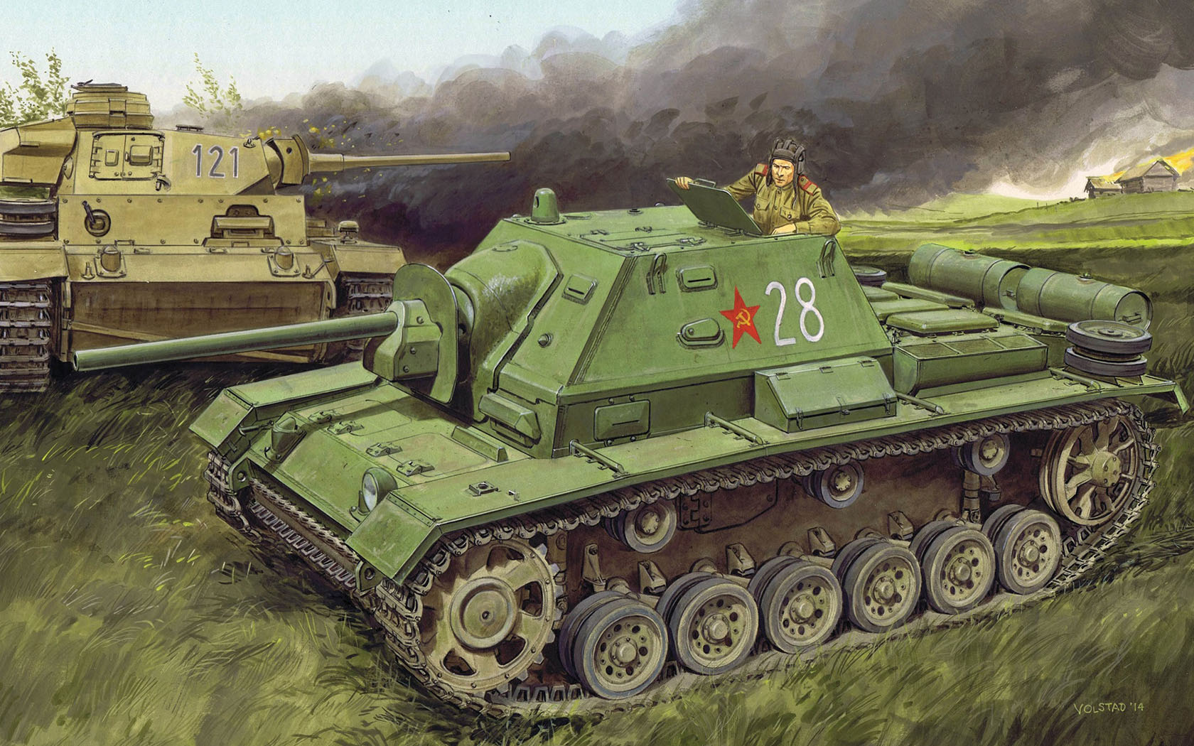 General 1680x1050 tank army military military vehicle artwork grass signature men soldier uniform smoke SU-76i Russian/Soviet tanks German tanks