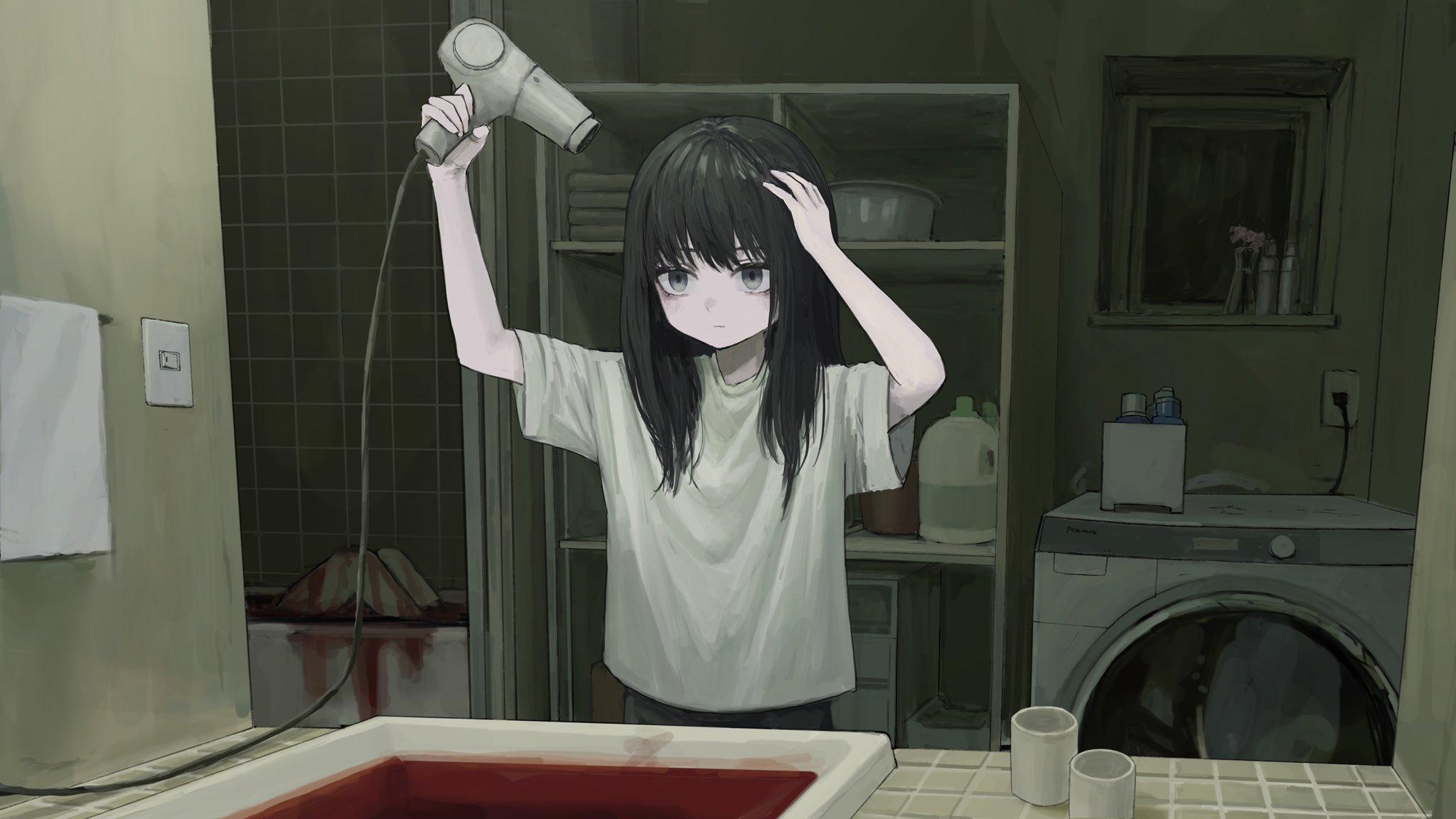 Anime 2048x1152 blood hair dryers bathroom anime girls long hair standing washing machine black hair