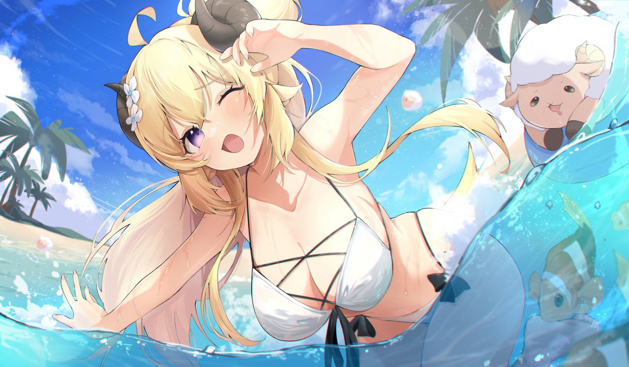 Anime 2048x1195 anime anime girls Tsunomaki Watame Hololive Virtual Youtuber swimwear bikini cleavage big boobs one eye closed sunlight sky clouds palm trees fish animals water floater in water wet wet body flower in hair open mouth horns long hair