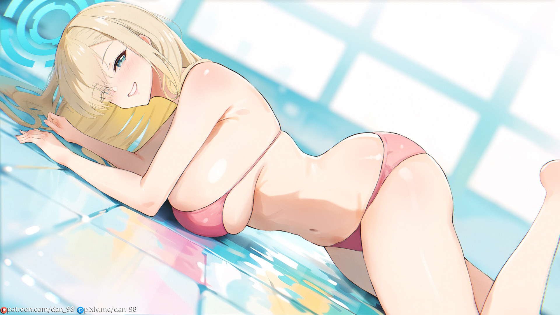 Anime 1920x1080 Blue Archive huge breasts Asuna Ichinose long hair blonde bare shoulders pink bikini swimwear pink swimsuit blue eyes hair over one eye barefoot sideboob lying on front bent over smiling blurry background ass belly button belly dan-98 string bikini thighs looking at viewer looking sideways blushing anime girls