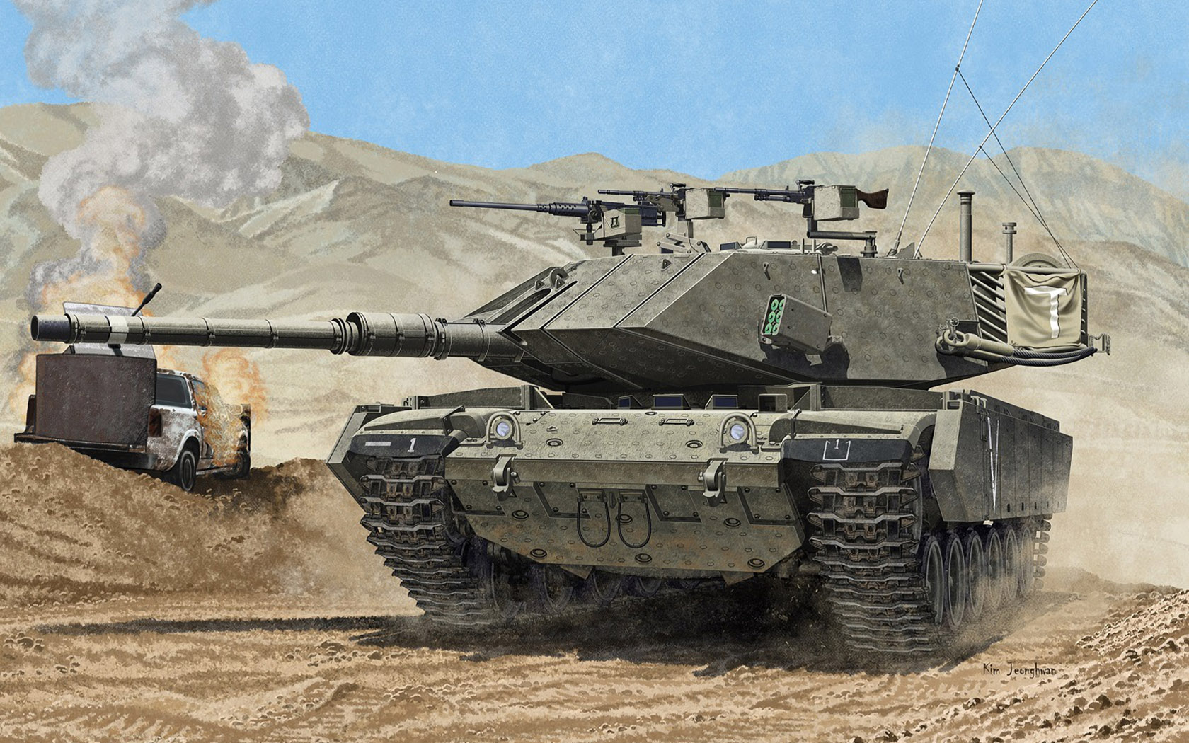 General 1680x1050 tank army military military vehicle artwork signature smoke Megach 7 American tanks Israeli tanks