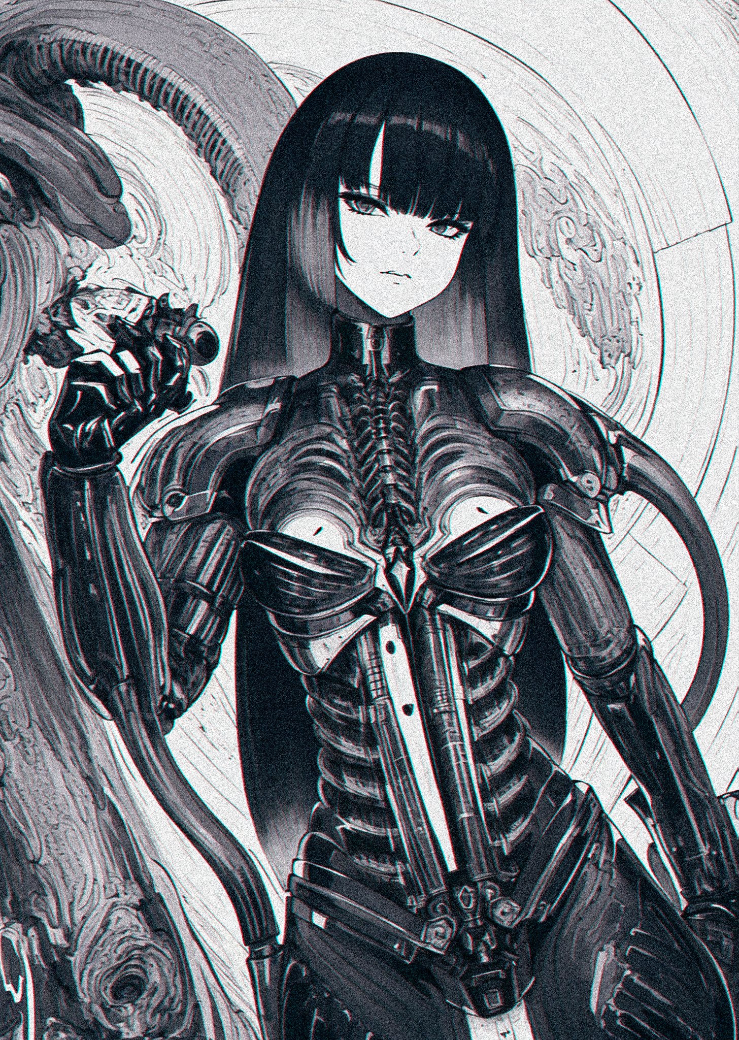 Anime 1456x2048 looking at viewer anime girls long hair xenotrip monochrome portrait display drawing