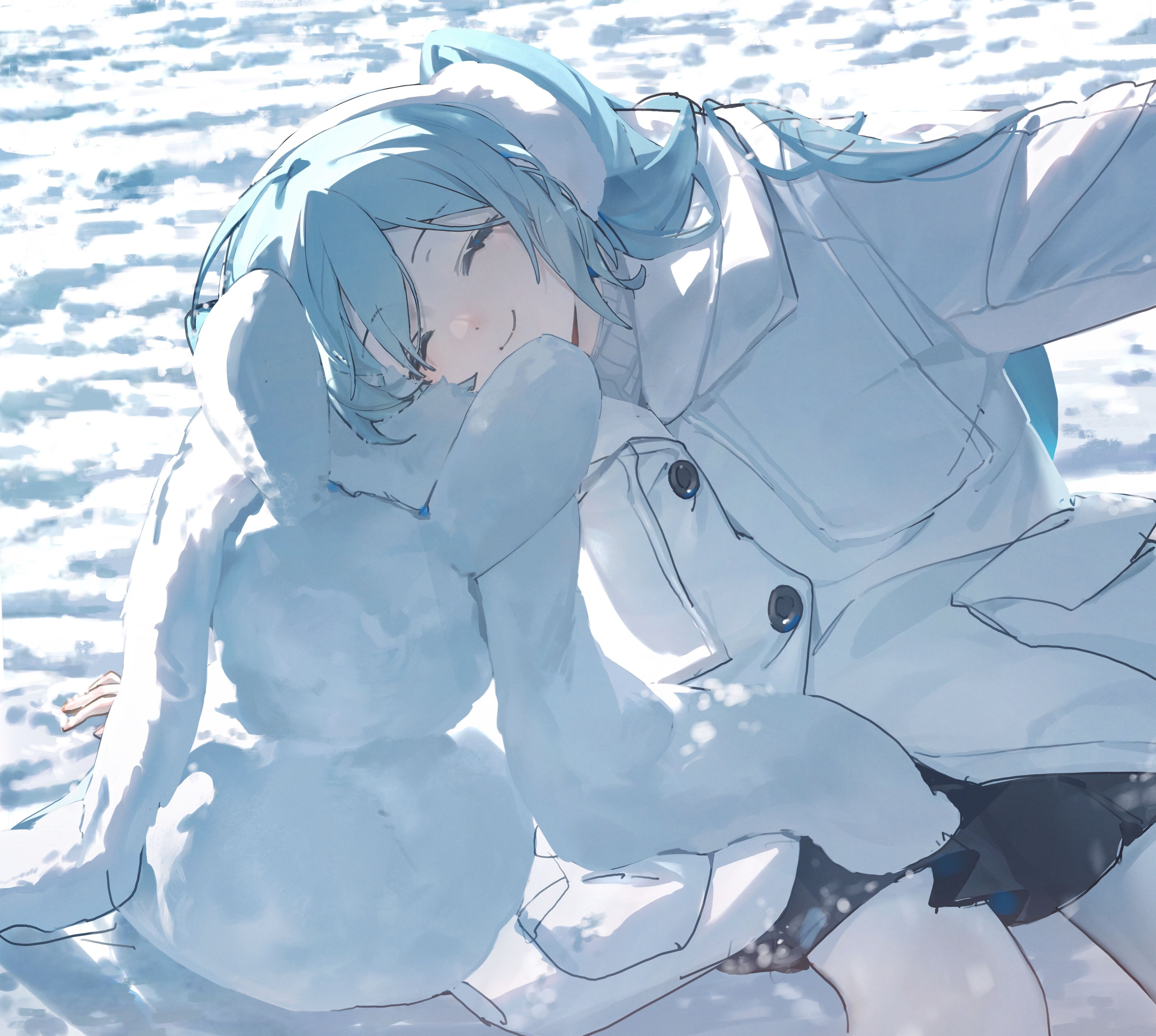 Anime 4004x3590 Pixiv anime snow anime girls ear muffs closed eyes smiling Hatsune Miku Vocaloid coats winter rabbits