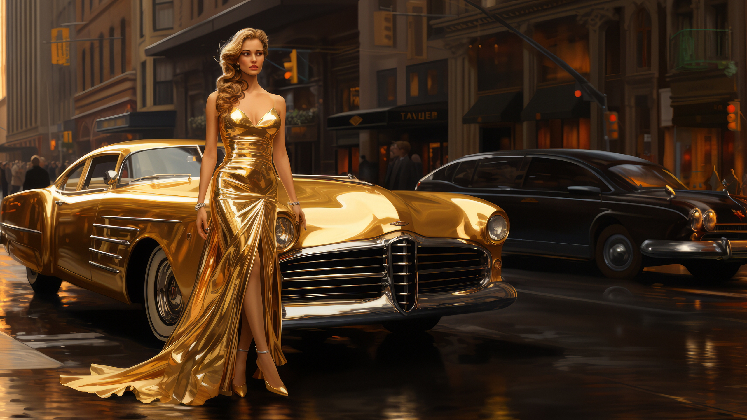 General 2560x1440 AI art women glamour model gold illustration city standing dress looking away car building heels bracelets