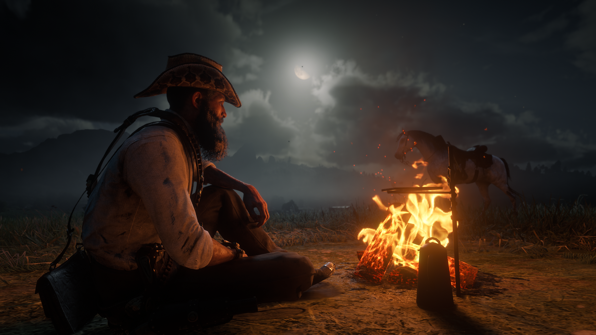 General 1920x1080 John Marston Red Dead Redemption 2 video games hat beard fire horse night sky Moon video game men sitting video game characters CGI Rockstar Games screen shot