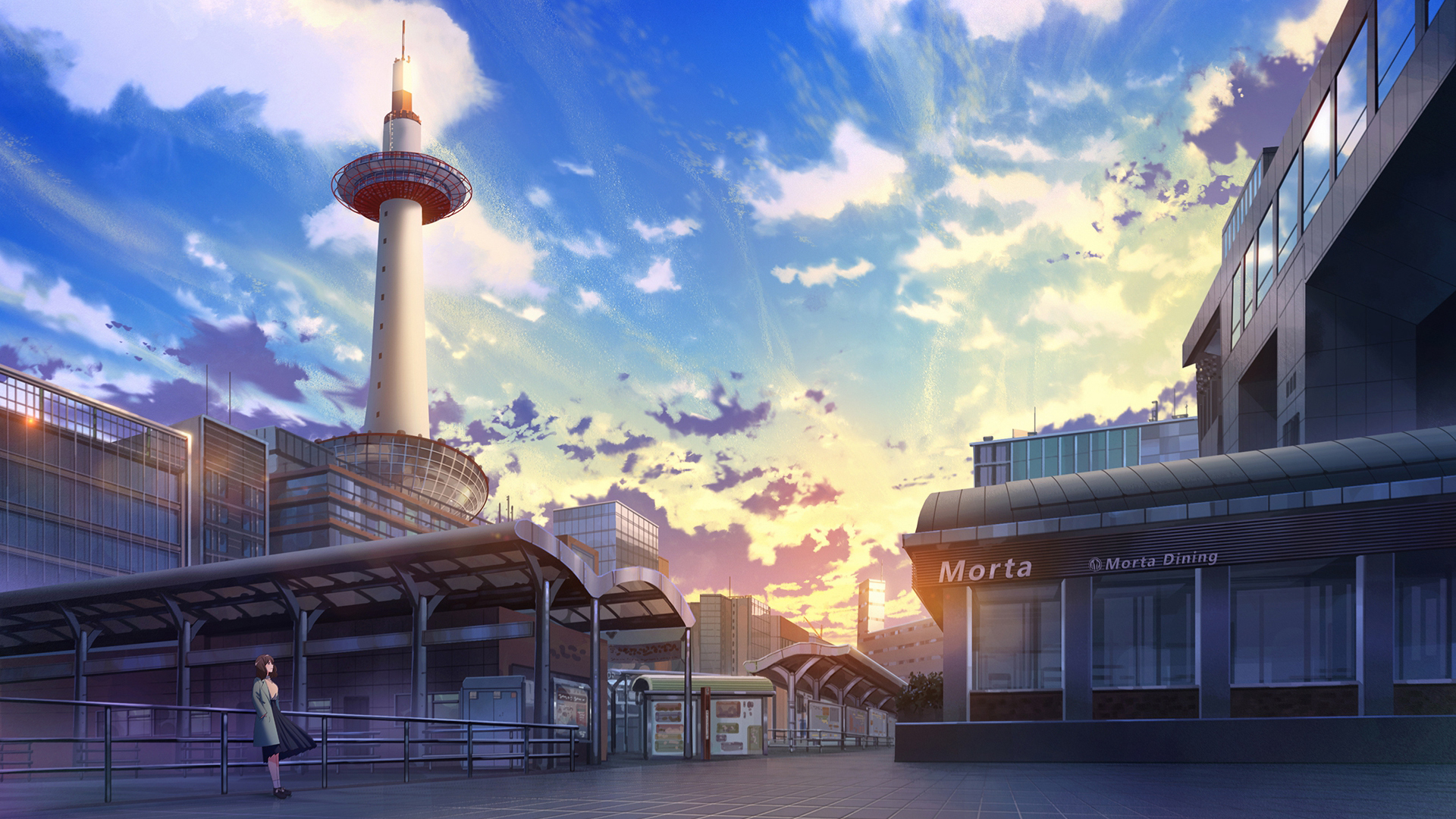 Anime 1920x1080 anime landscape anime girls standing sky clouds sunset sunset glow building sunlight