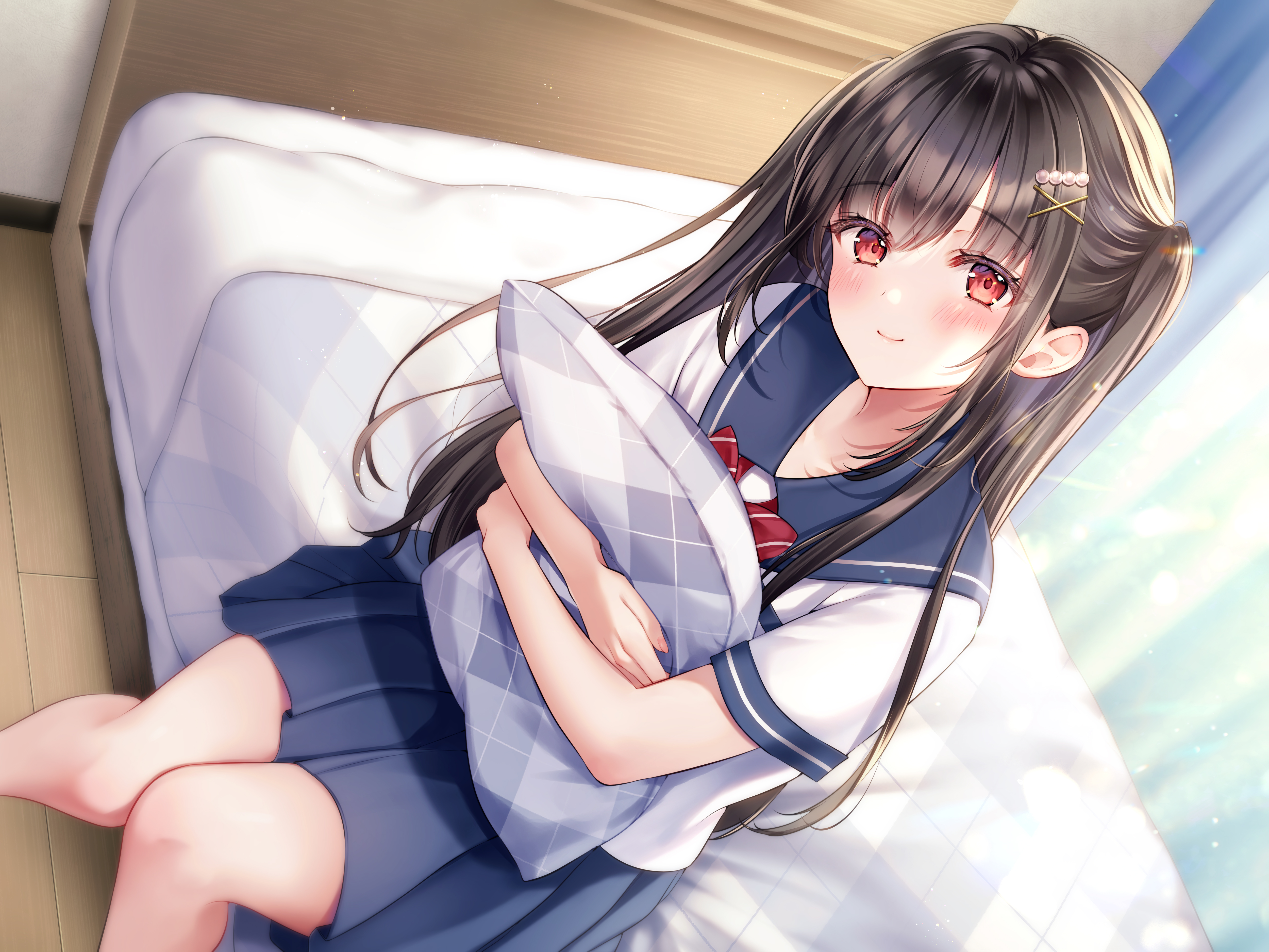 Anime 5000x3750 anime anime girls high angle in bedroom schoolgirl school uniform long hair smiling blushing looking at viewer sitting pillow bed pillow hug