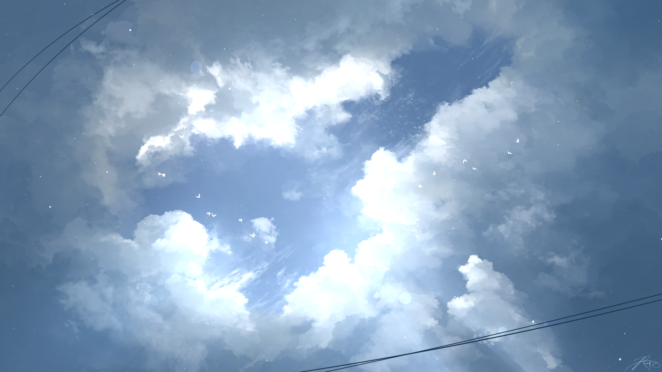 General 2205x1240 digital art artwork illustration sky clouds sunlight birds watermarked Runeiscute