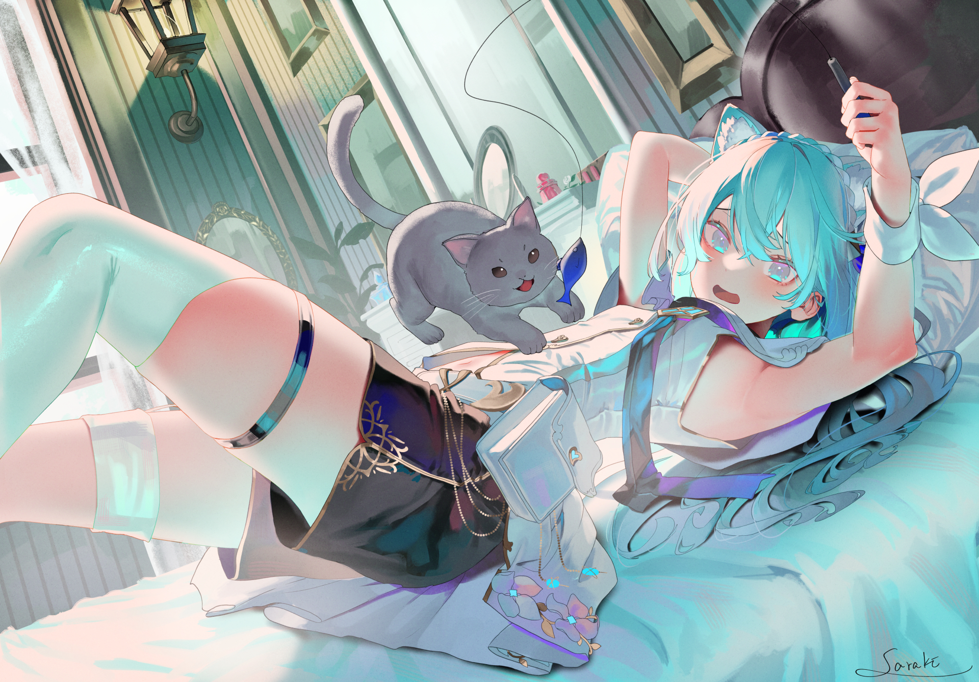 Anime 1920x1338 anime anime girls lying on back cats cat girl cat ears long hair looking at viewer pillow bed watermarked armpits blue hair blue eyes