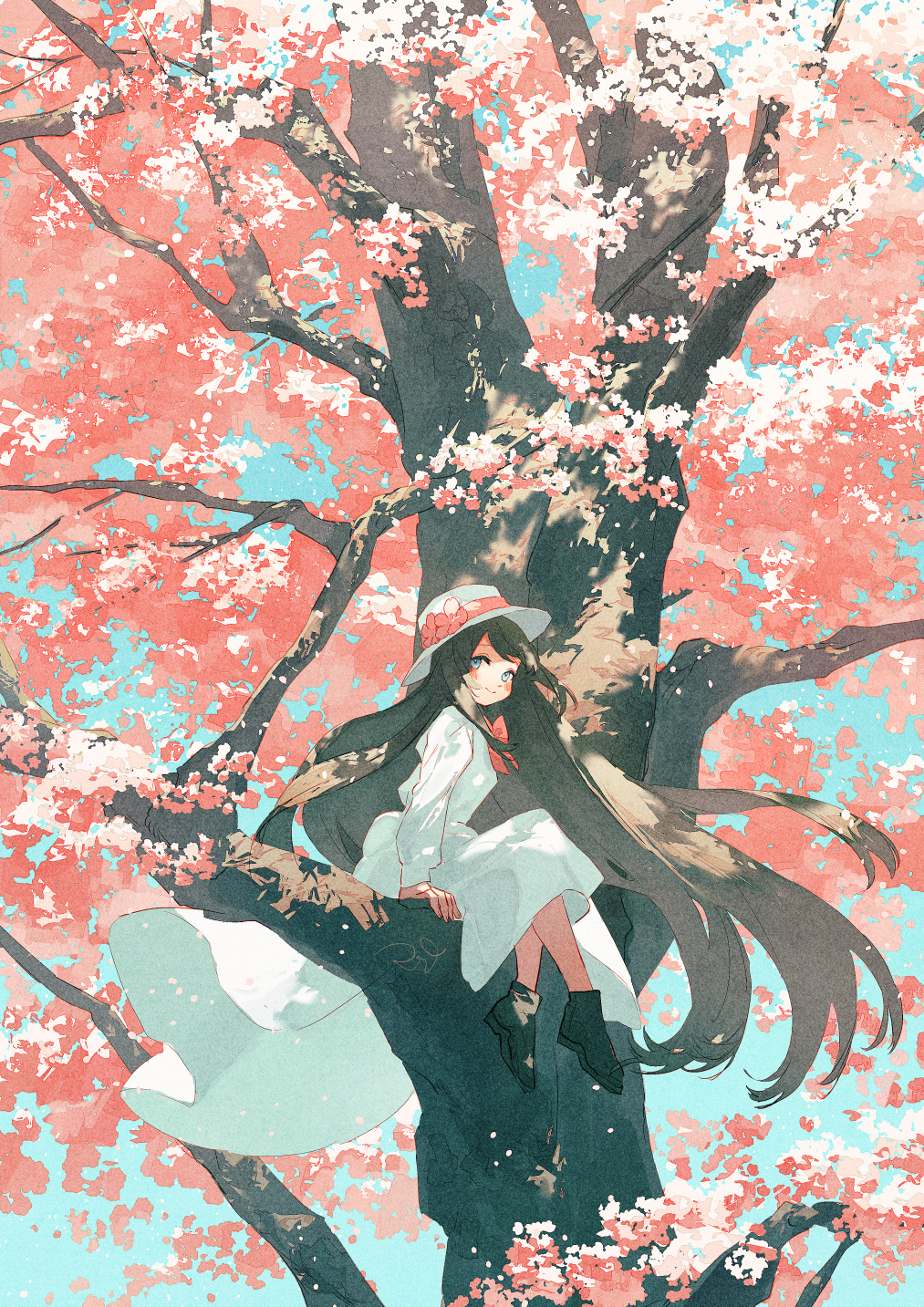 Anime 1013x1433 anime anime girls Pixiv Potg hat long hair sitting trees looking at viewer smiling blushing portrait display petals