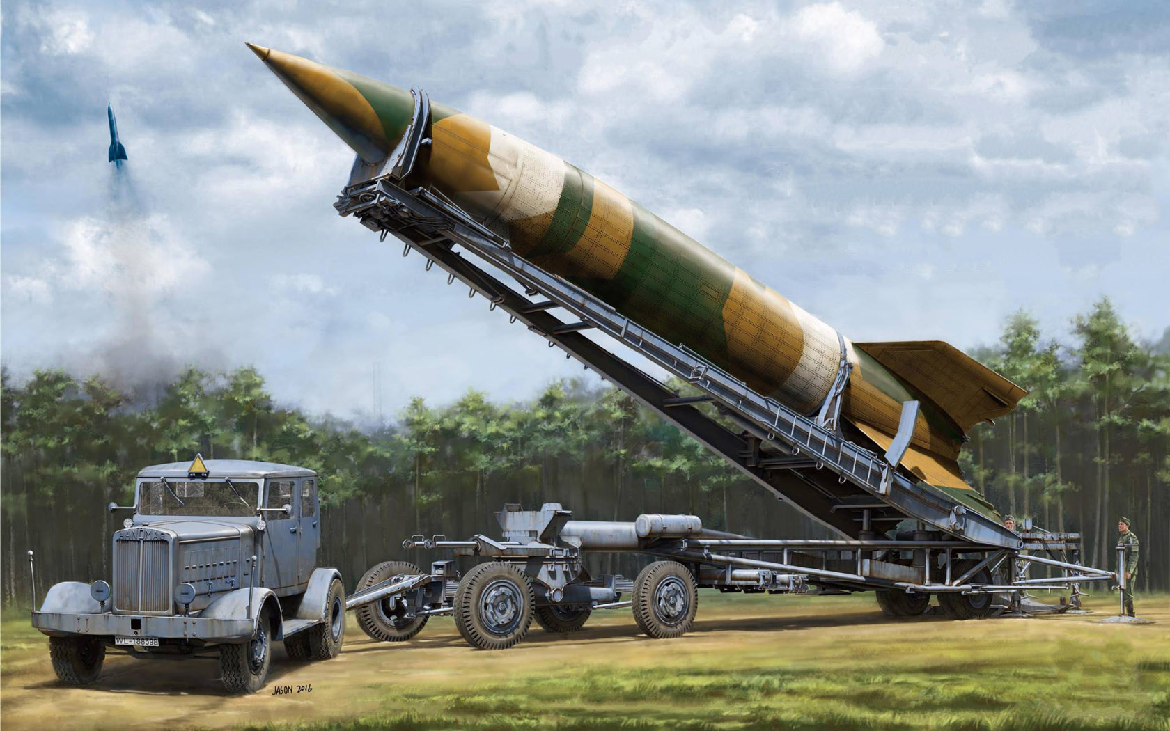General 1680x1050 army car flying military clouds sky missiles artwork trees V-2 Rocket