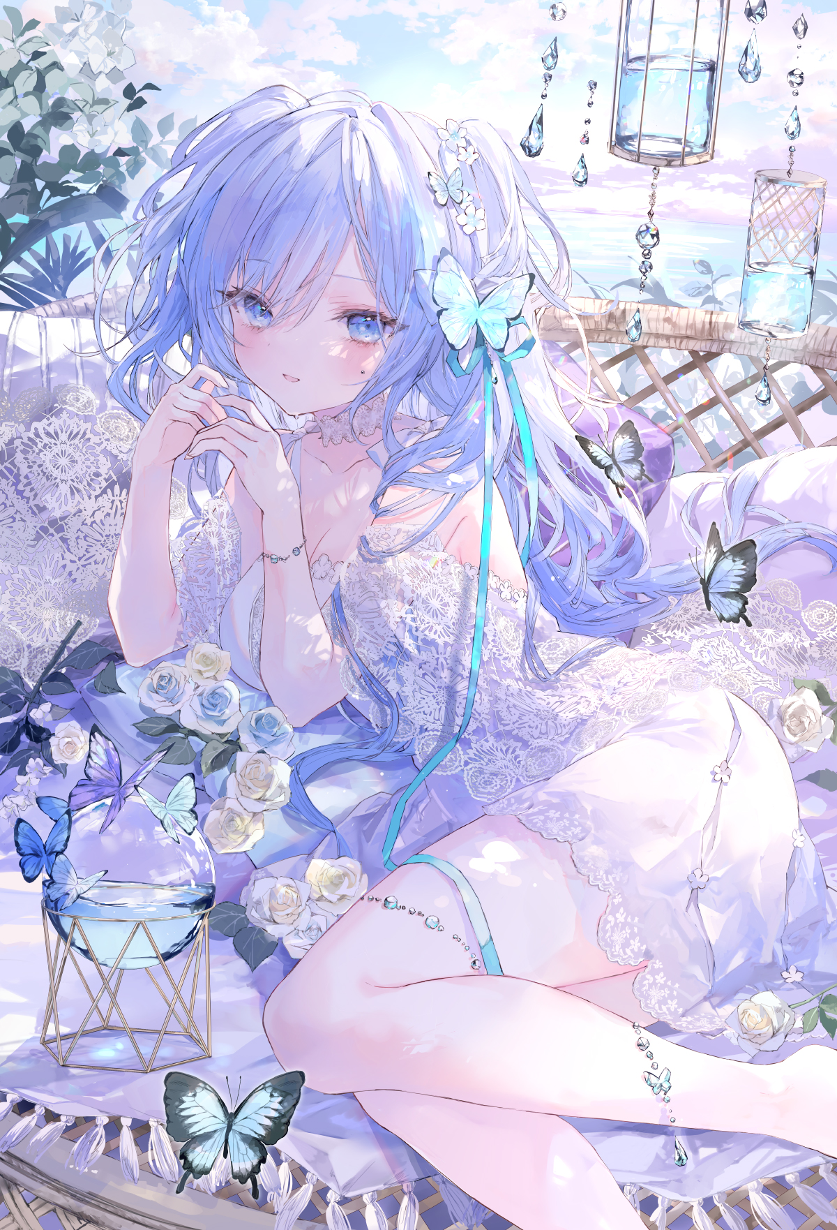 Anime 1200x1762 anime anime girls portrait display long hair butterfly lying on side looking at viewer flowers blushing leaves sky clouds blue hair blue eyes