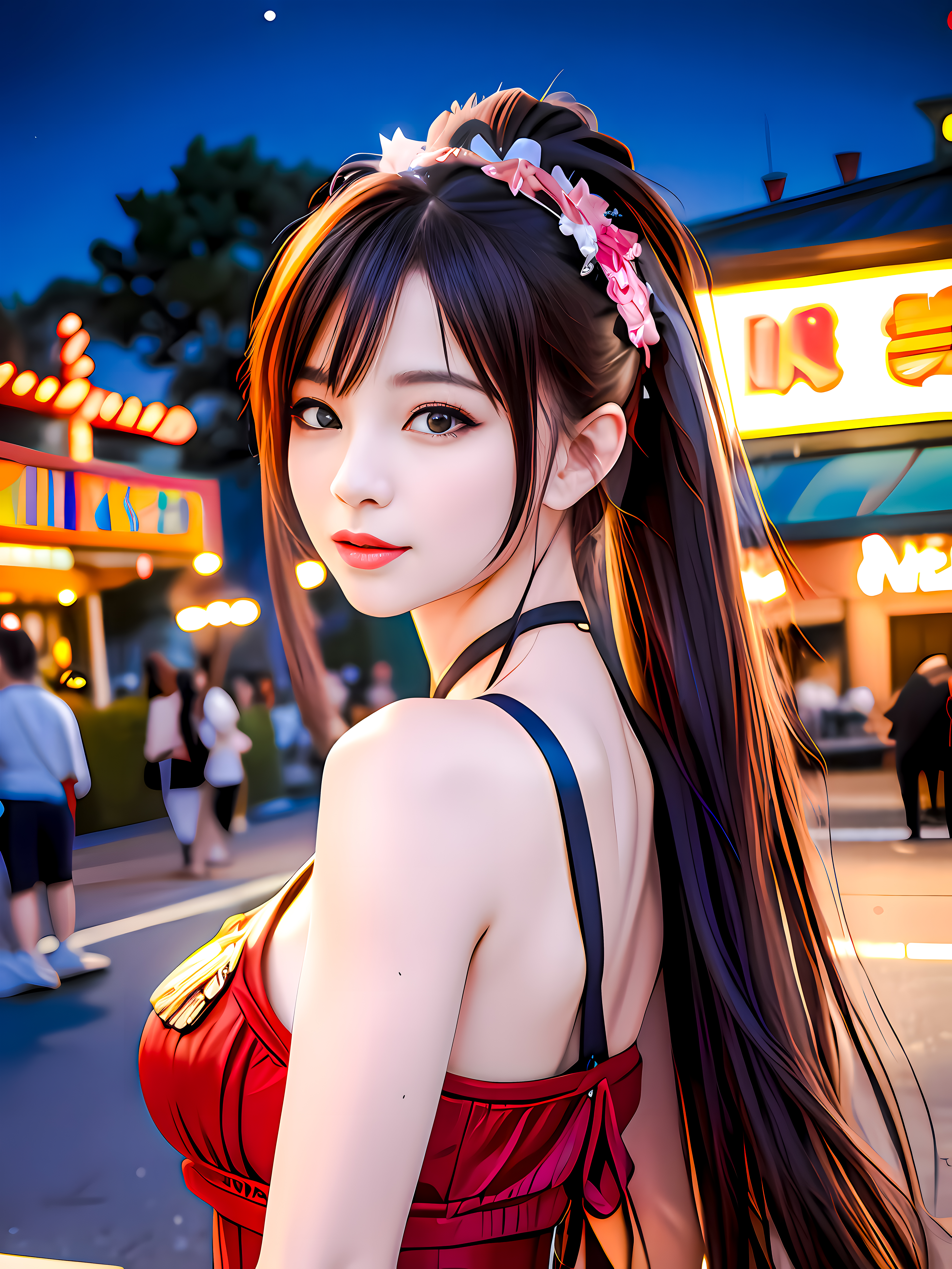 Anime 4915x6554 AI art Asian women long hair flower in hair looking at viewer smiling portrait display blurred blurry background