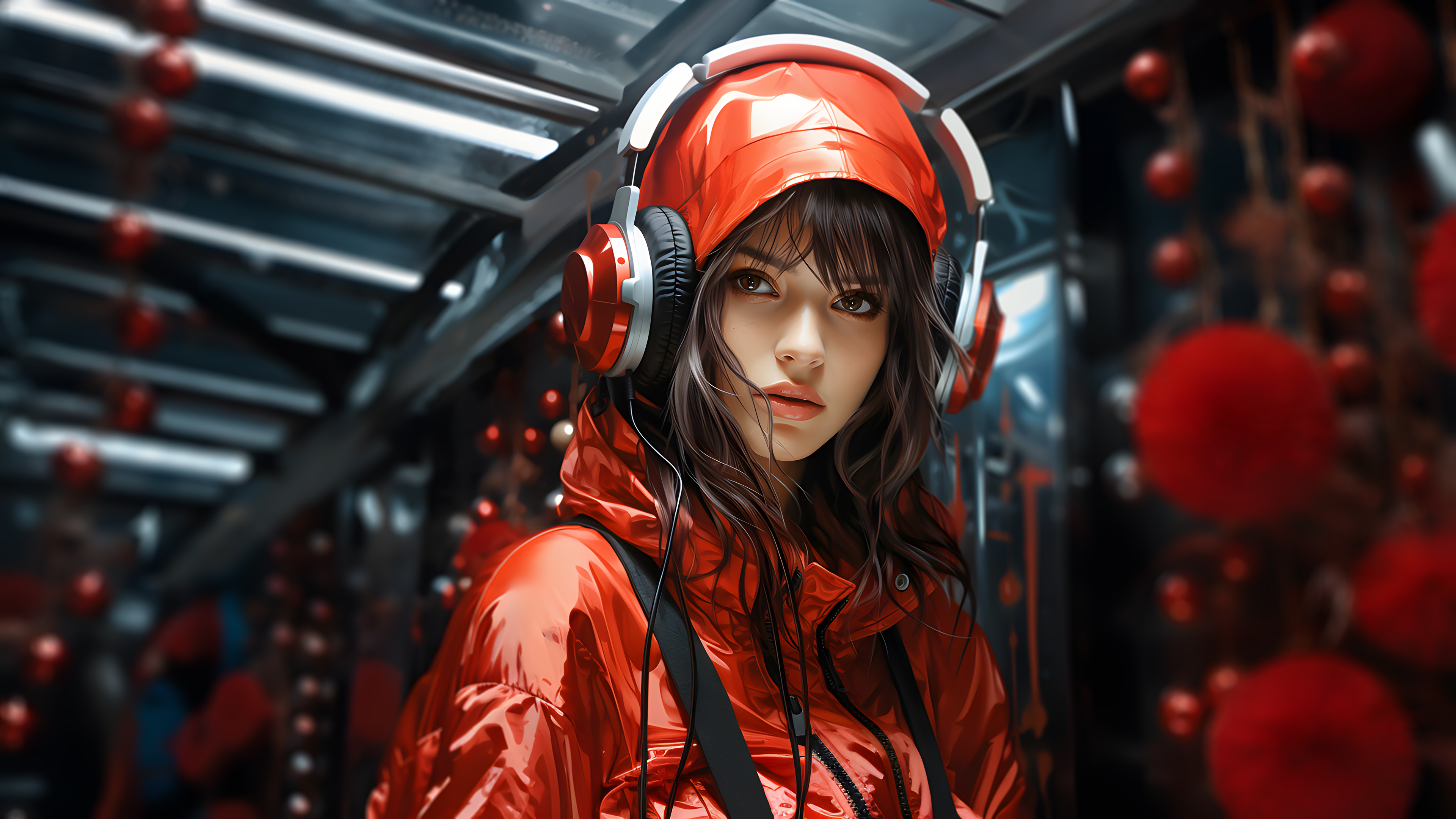 People 3840x2160 women AI art macro closeup bokeh red headphones jacket