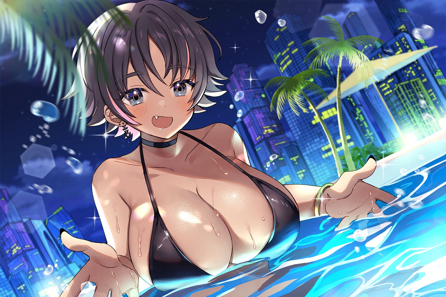 Anime 1500x1000 big boobs anime girls bikini cleavage blushing water in water palm trees night water drops choker bracelets building skyscraper umbrella earring looking at viewer dark skin
