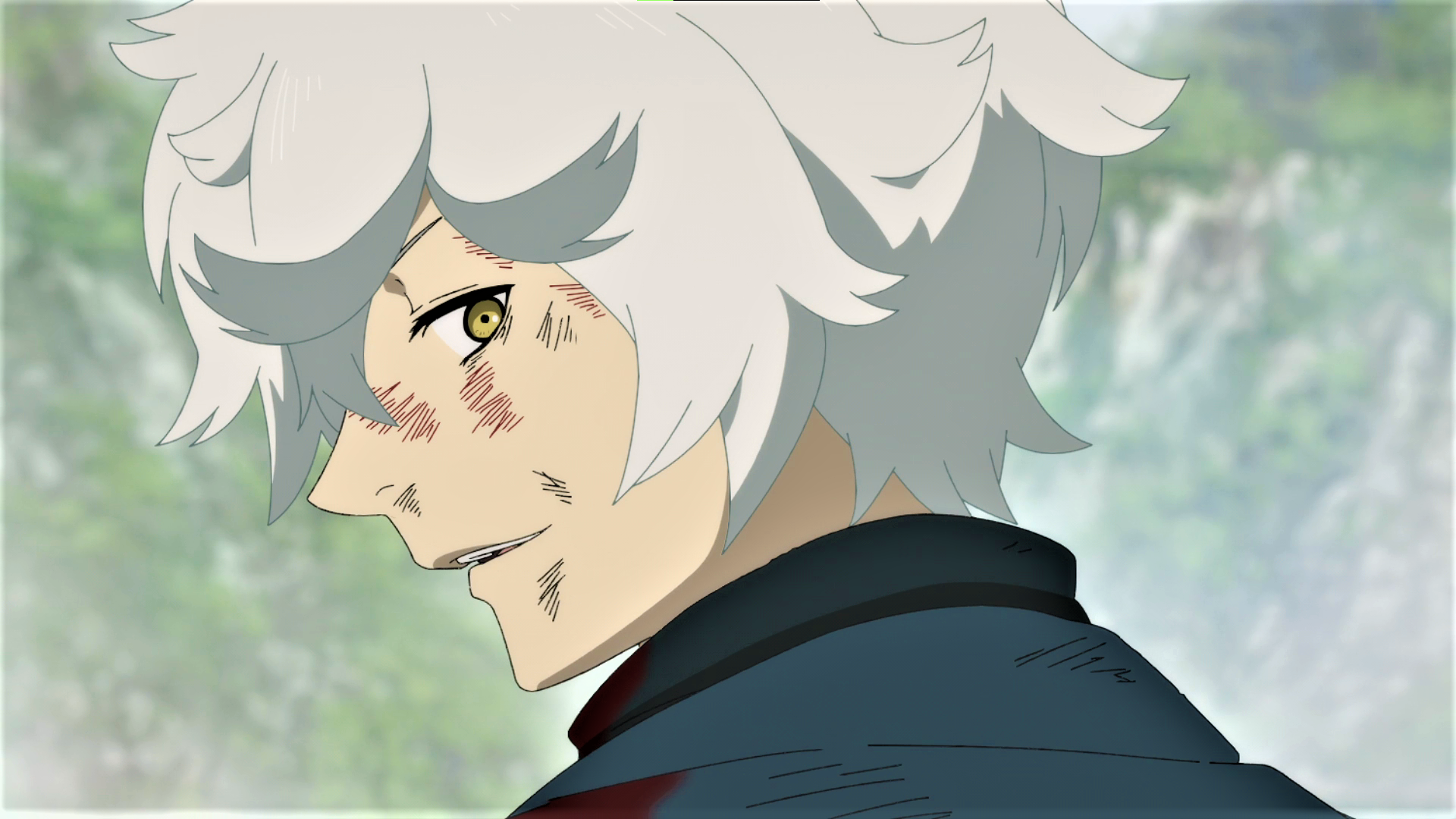 white hair, smiling, Hell's Paradise: Jigokuraku, gabimaru, yellow eyes,  blurry background, blurred, anime, Anime screenshot, anime boys