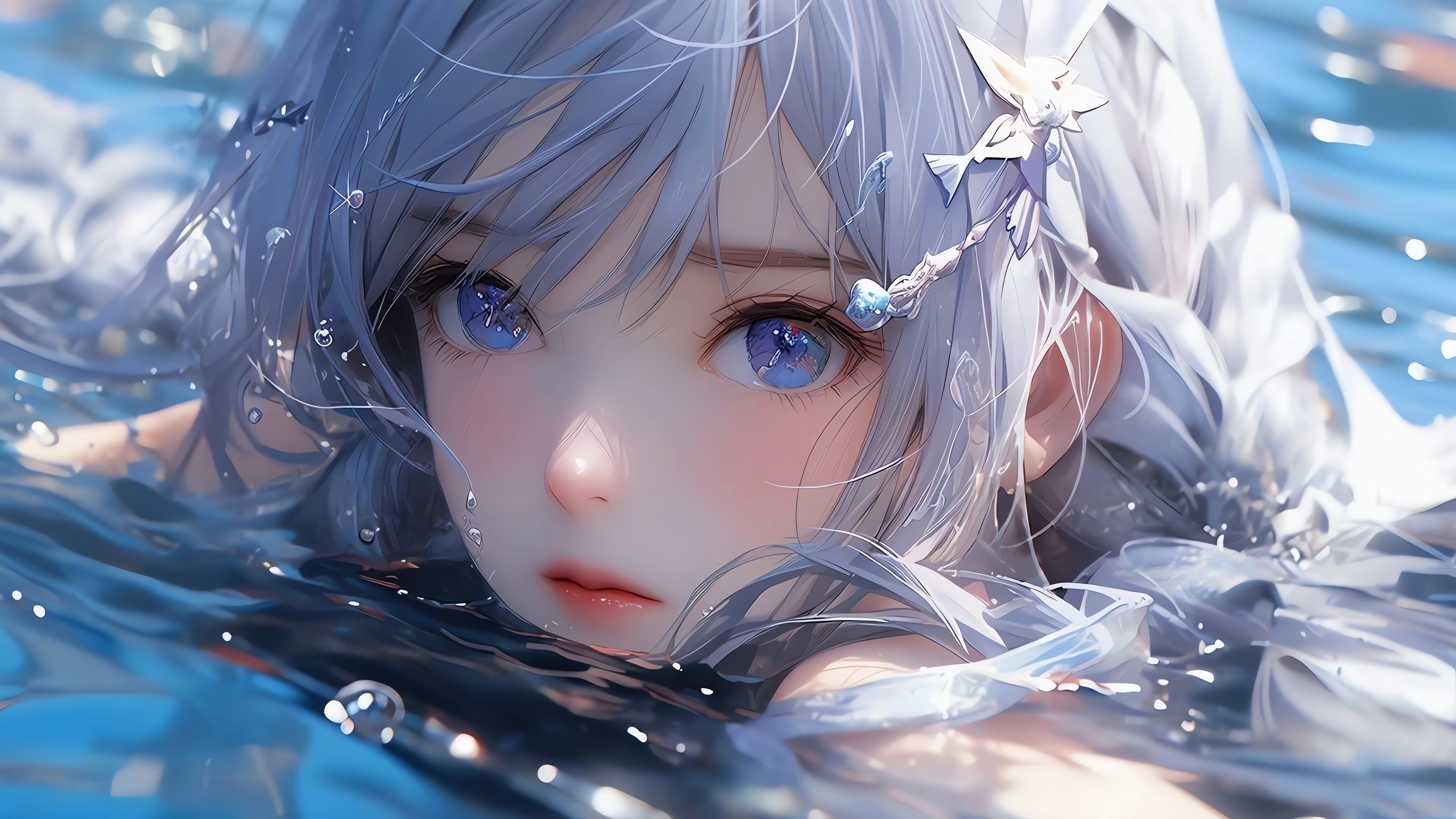 Anime 3840x2160 anime anime girls water in water looking at viewer blue eyes silver hair sunlight digital art AI art long hair