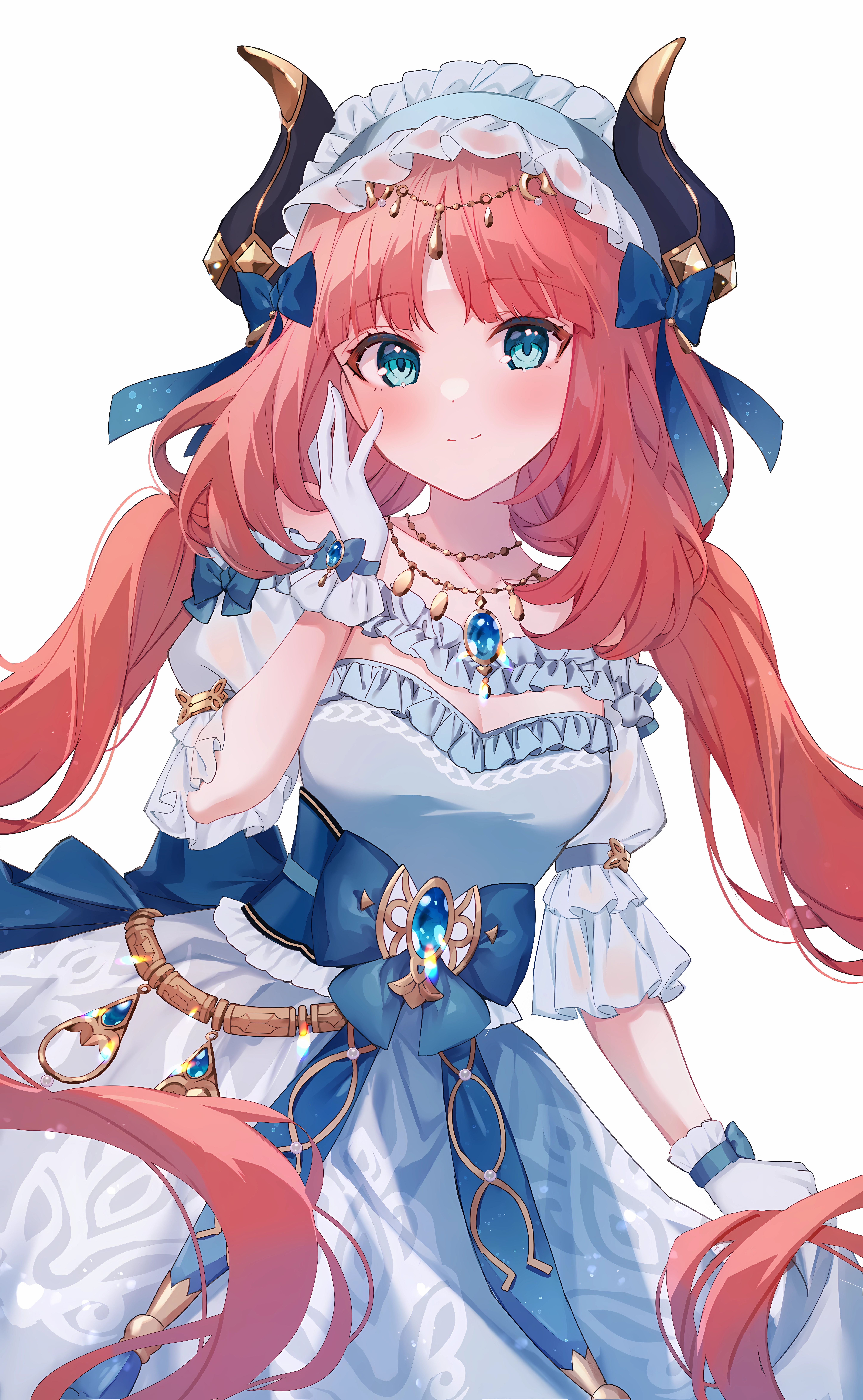 Anime 5788x9388 anime anime girls Genshin Impact Nilou (Genshin Impact) portrait display long hair twintails gloves necklace blushing looking at viewer bow tie dress redhead blue eyes minimalism white background simple background standing