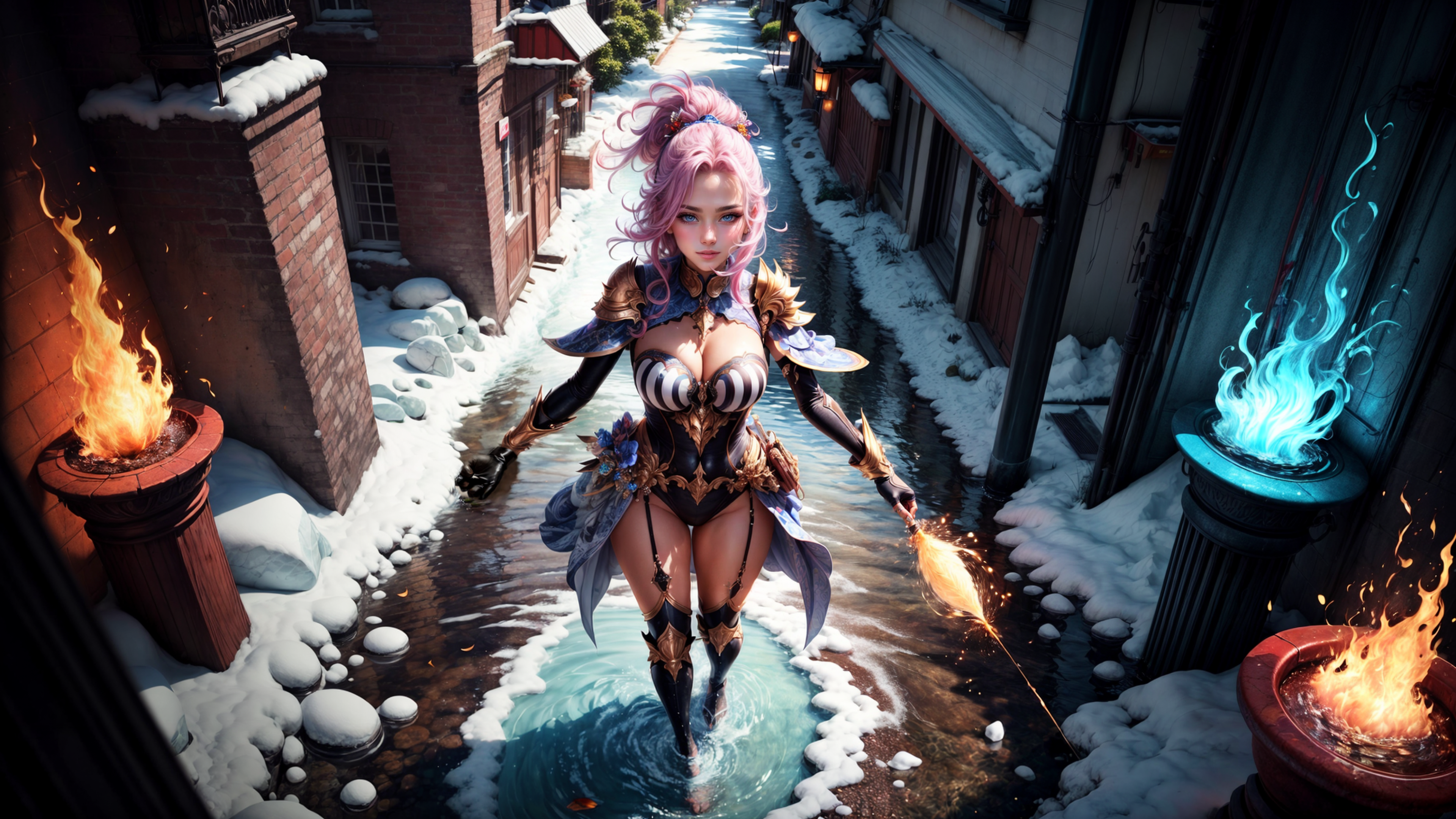 General 3840x2160 AI art women pink hair hairbun blue eyes magic magical girls sorceress magician thighs fire water ice snow dress armor fantasy art wands looking at viewer melted 4K Stable Diffusion photopea DeviantArt standing walking cleavage big boobs architecture Asian