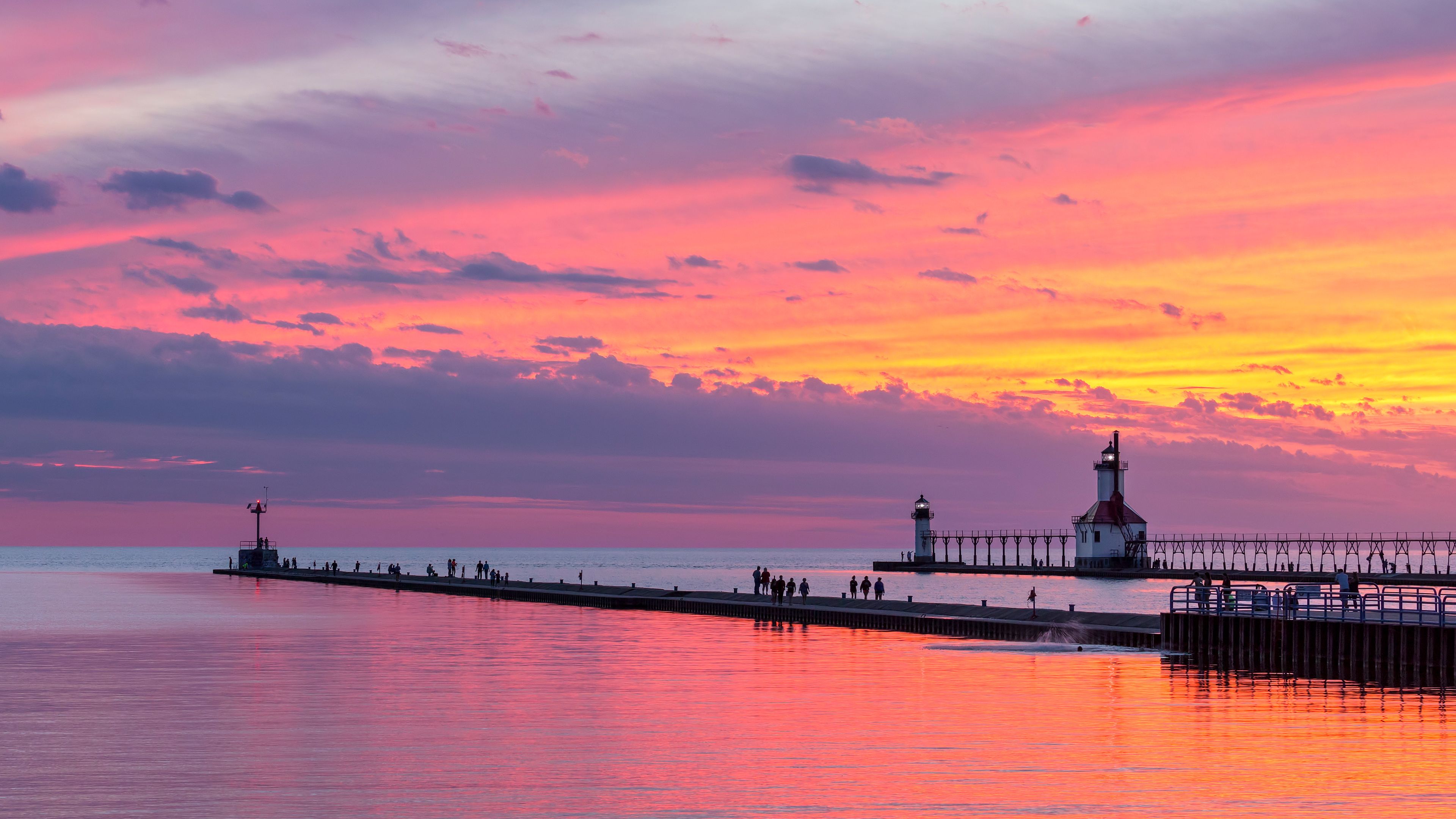 General 3840x2160 landscape sunset outdoors pier lighthouse horizon people reflection clouds lake river Lake Michigan Michigan USA