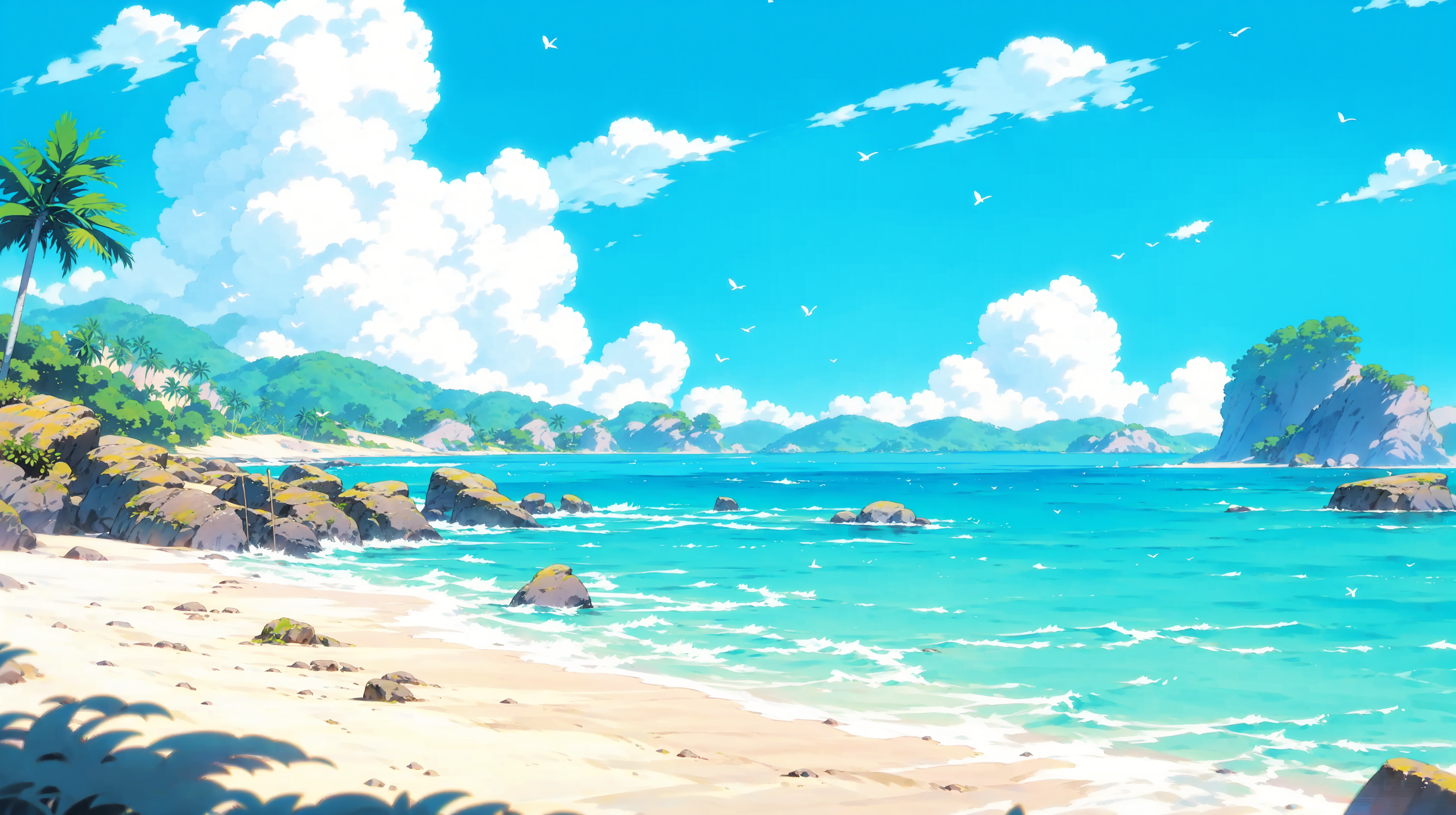 Anime 3400x1904 AI art ink ocean view beach palm trees rocks rocky beach sand blue sky clouds birds waves