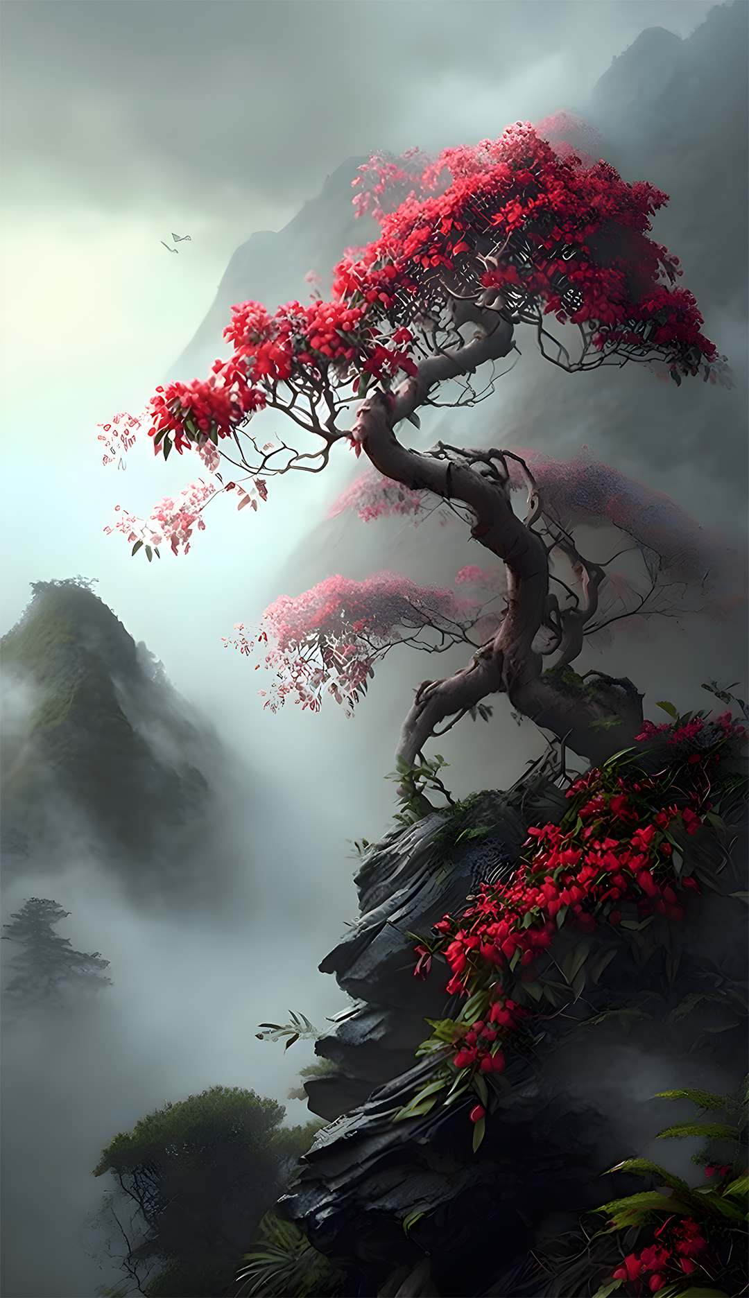 General 1080x1872 ravine mountains Fog Hill of Five Elements trees flowers red flowers AI art