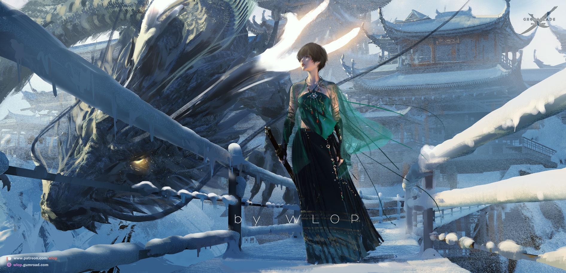 General 1892x915 WLOP digital art artwork illustration fantasy girl fantasy art dragon snow women short hair looking away Chinese dragon