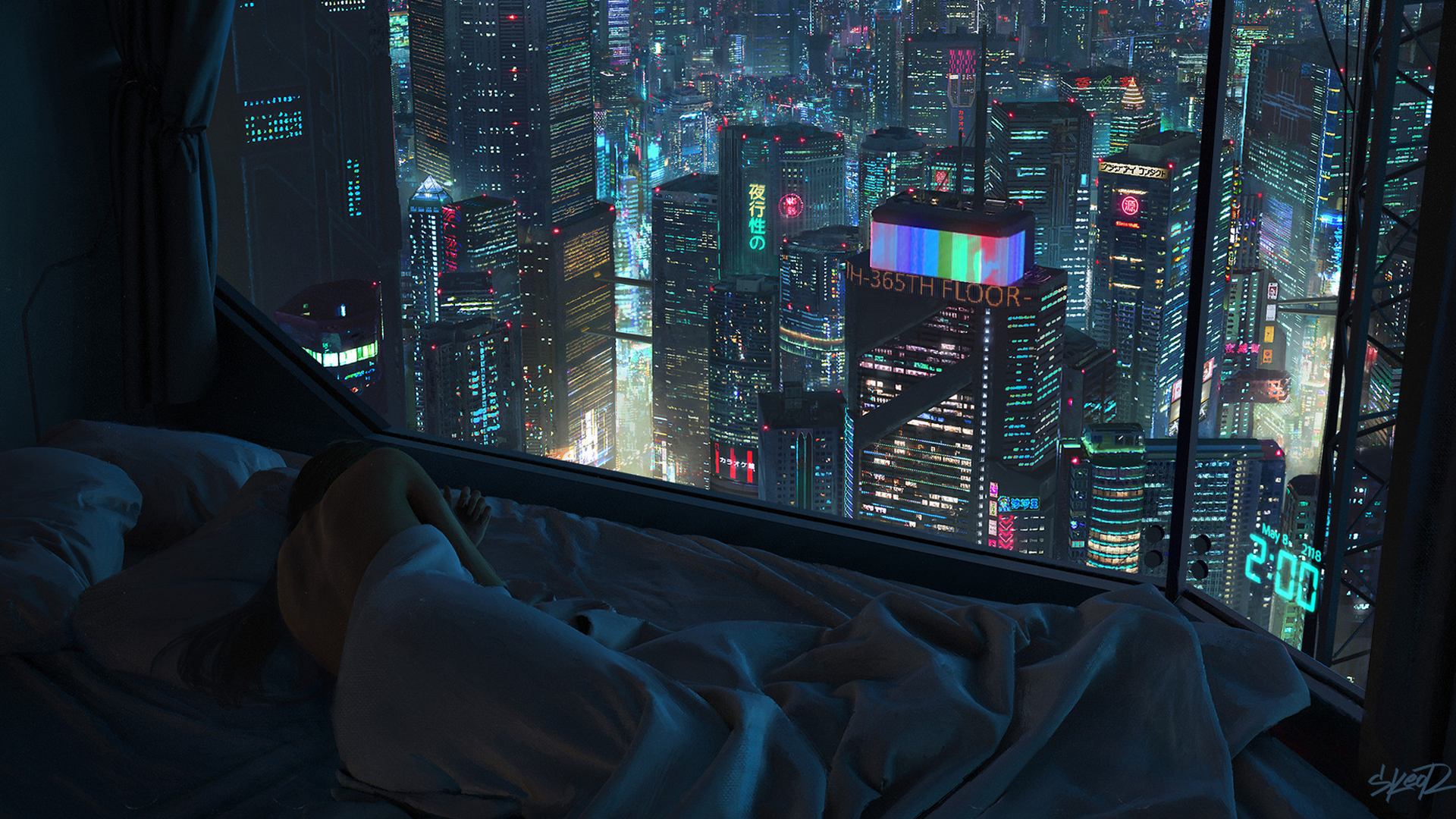 General 1920x1080 city bed cityscape building digital art sleeping city lights