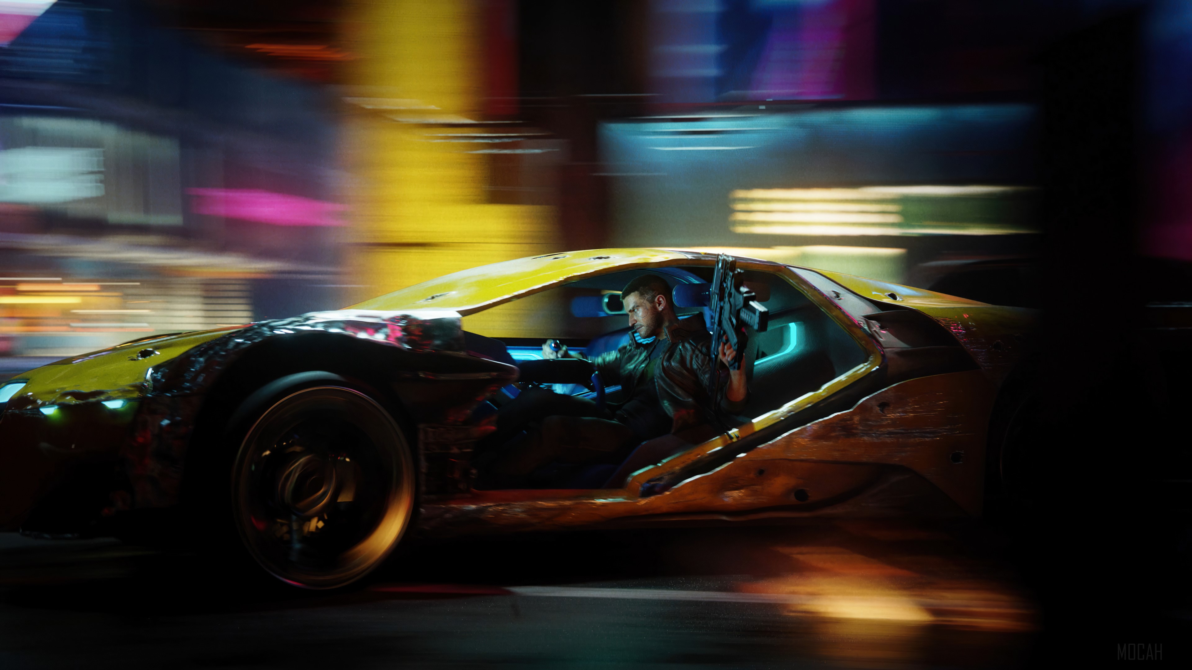 General 3840x2160 Racing driver video games gun side view blurry background blurred Cyberpunk 2077 video game men video game characters CD Projekt RED