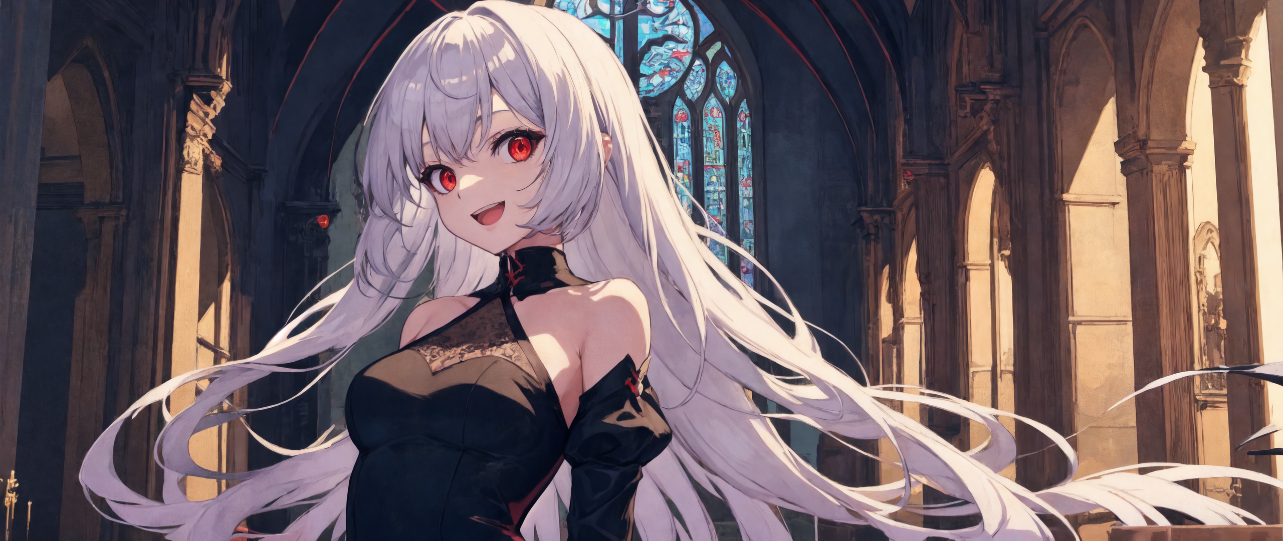 Anime 2560x1080 AI art anime girls red eyes long hair white hair black dress church bangs looking at viewer stained glass