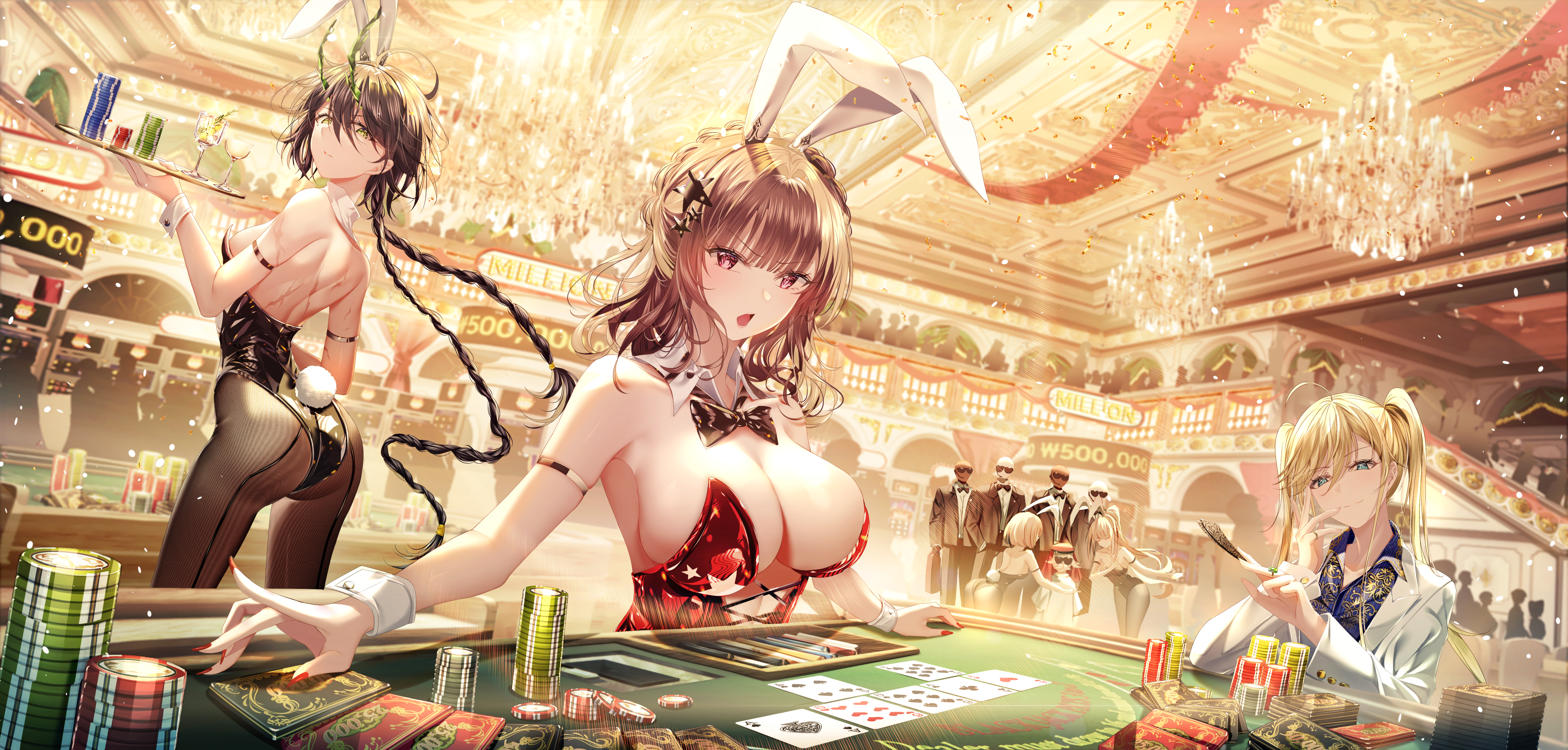 Anime 5875x2812 bunny girl bunny ears bunny suit big boobs anime girls casino bunny tail bow tie ass fishnet pantyhose poker chips cards twintails braids looking at viewer chandeliers poker bareback long hair anime