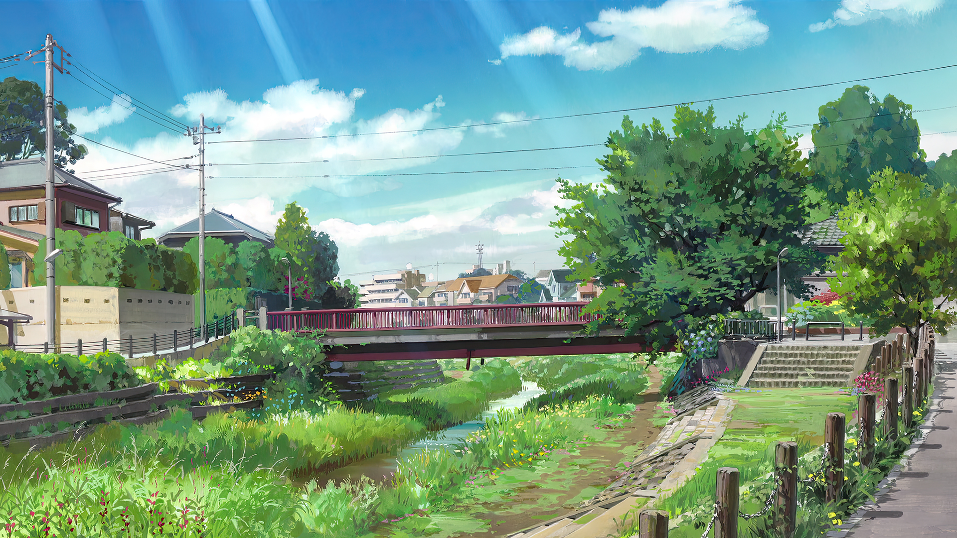 Anime 1920x1080 Kari-gurashi no Arietti animated movies anime animation Studio Ghibli film stills sky clouds trees bridge house utility pole grass