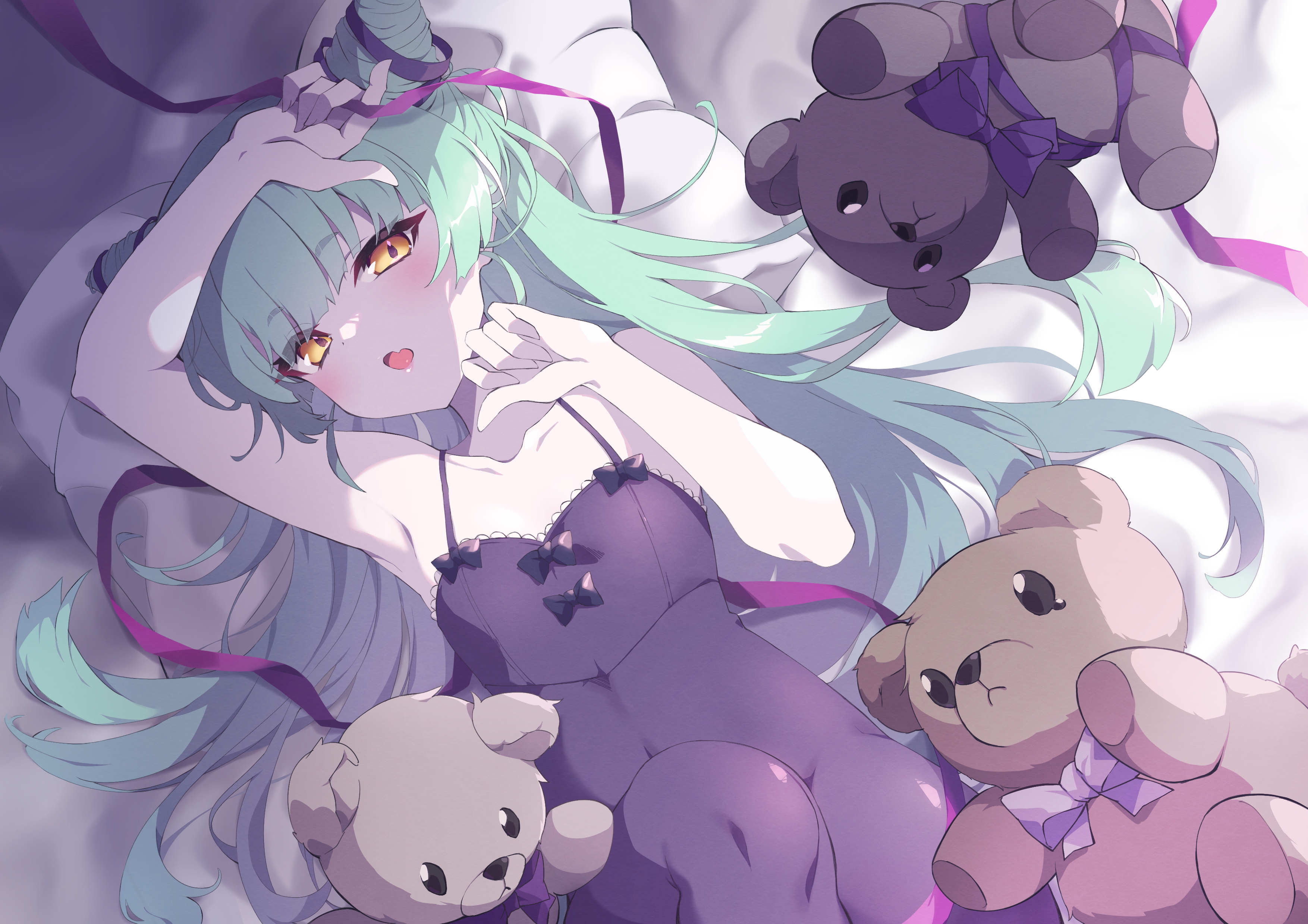 Anime 3508x2480 anime girls anime lying on back lying down teddy bears long hair looking at viewer pillow blushing