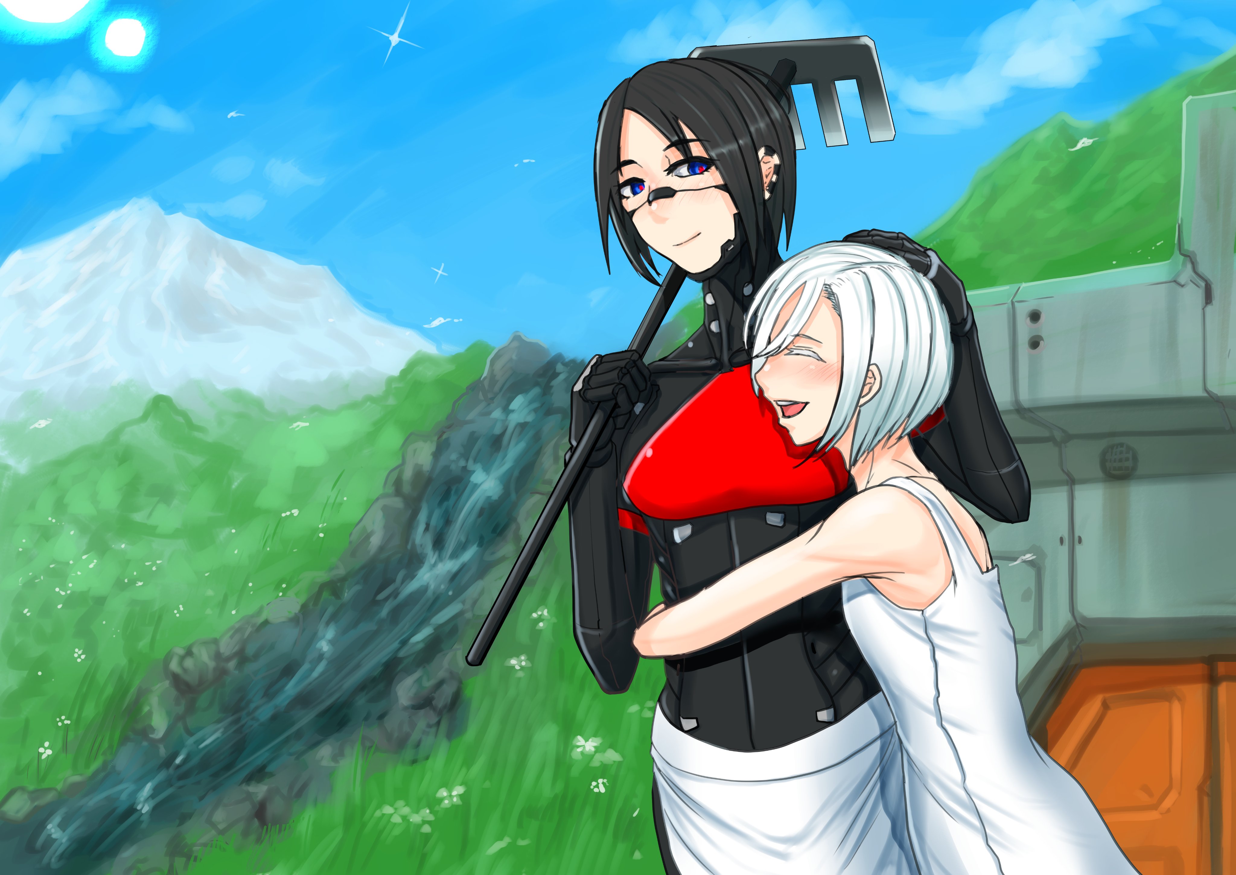 Anime 4096x2900 signalis anime girls science fiction androids robot smiling mountains hugging short hair