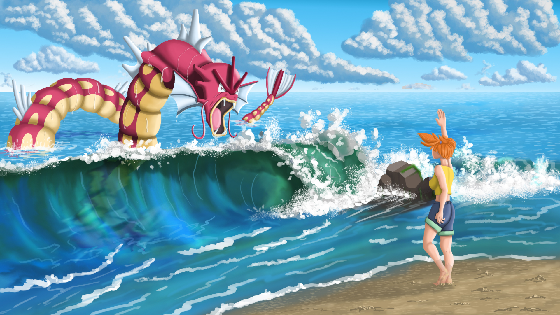 Anime 1920x1080 digital painting Pokémon anime anime girls Misty (Pokémon) water waves clouds sky Gyarados