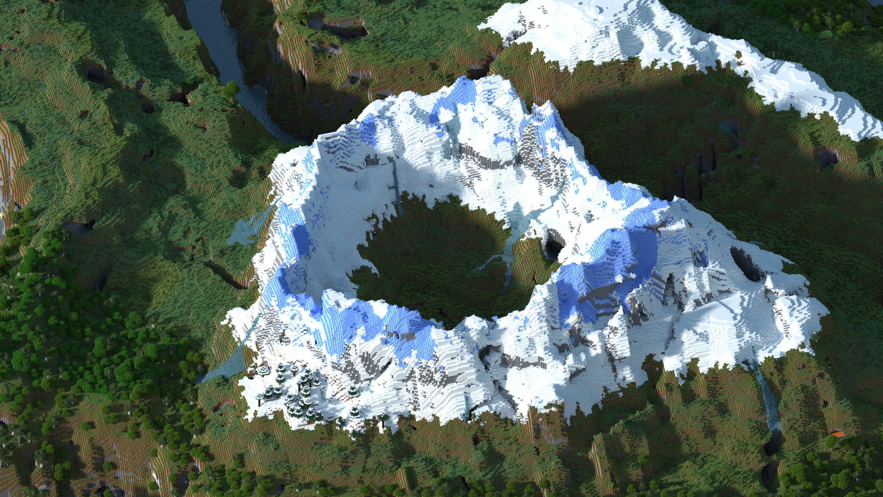 General 2880x1620 Minecraft screen shot mountain view top view snow video games nature