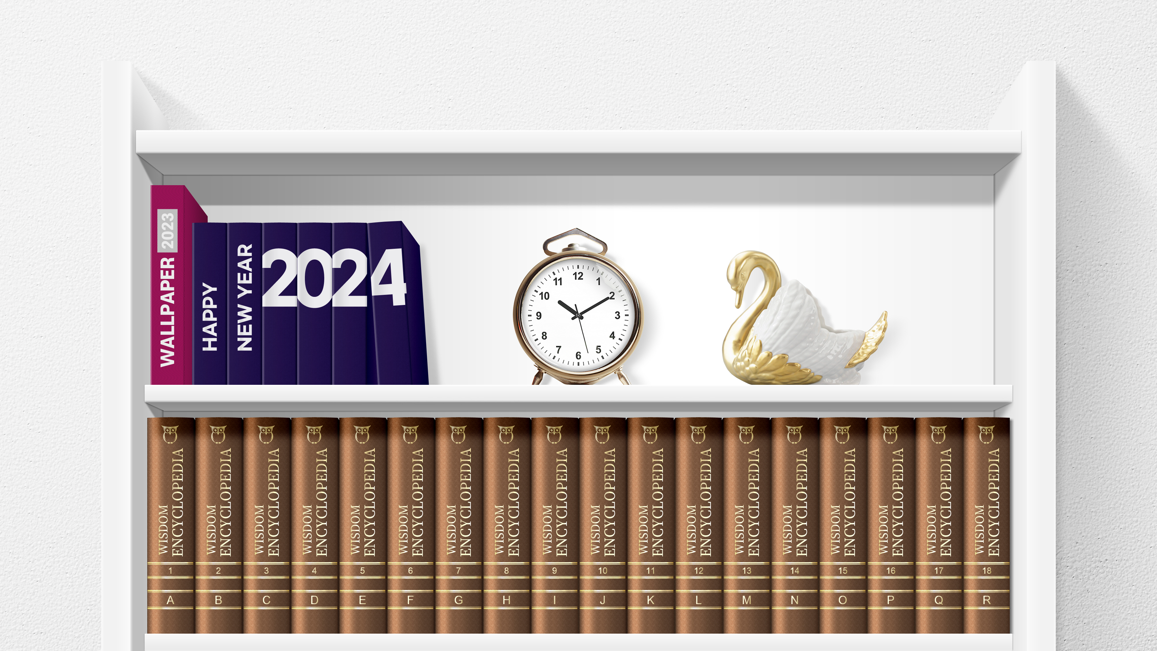 General 4000x2250 2024 (year) New Year books simple background digital art shelves clocks time swans numbers