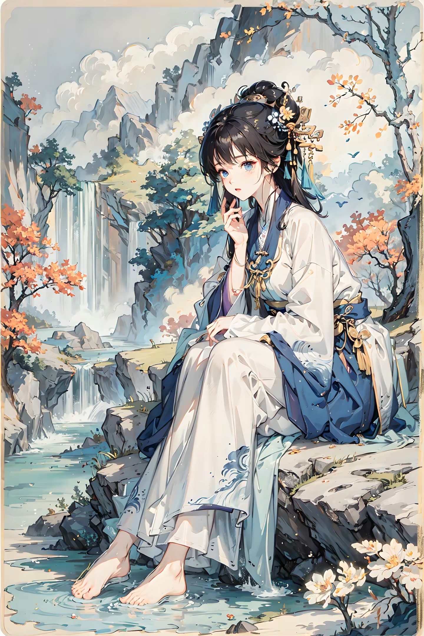 Anime 1440x2160 illustration anime girls AI art portrait display kimono sitting waterfall water looking at viewer clouds