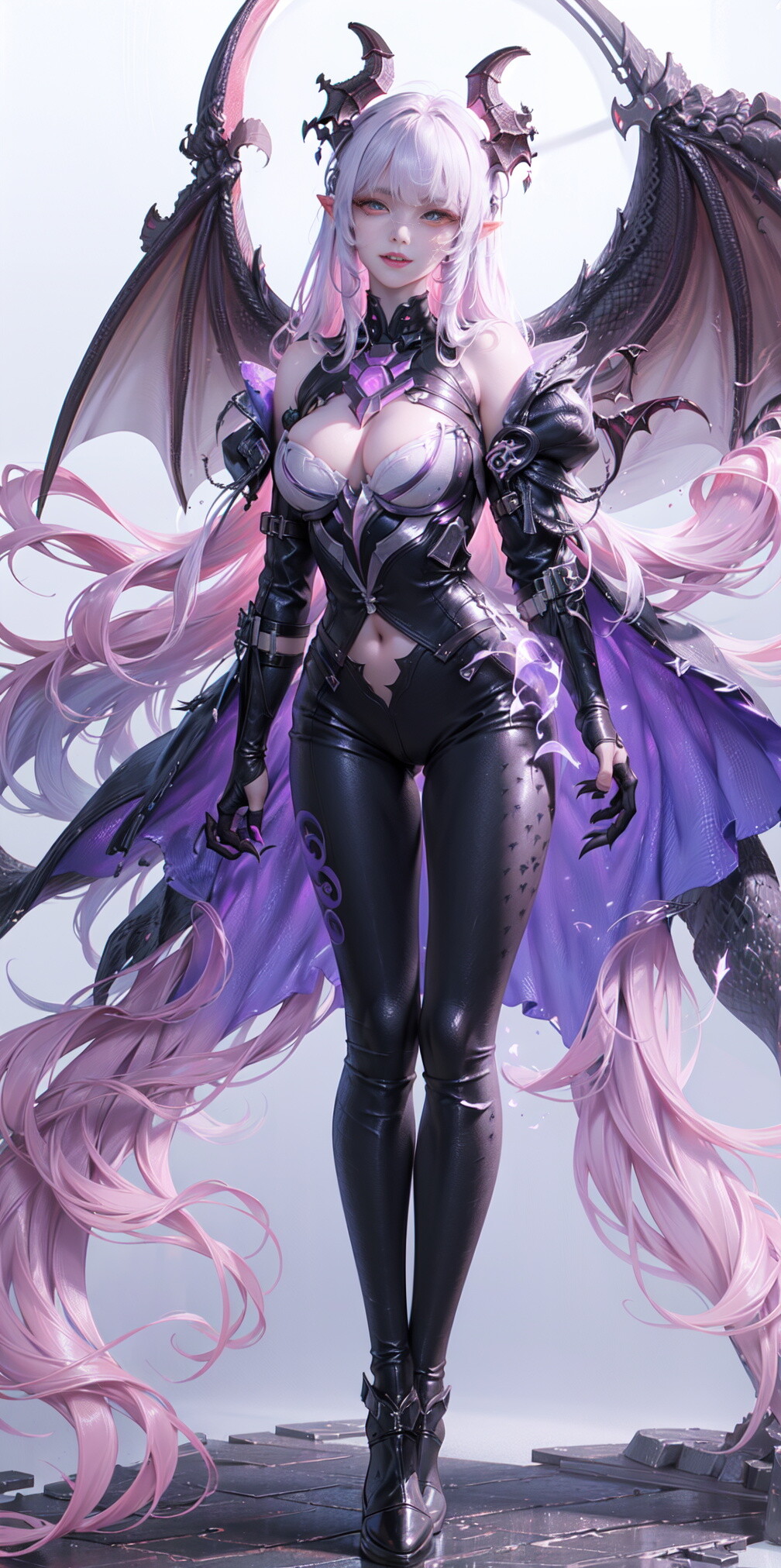 General 1008x2024 Peter Kaws drawing women succubus silver hair purple AI art portrait display wings looking at viewer pointy ears long hair belly button cleavage big boobs demon girls horns