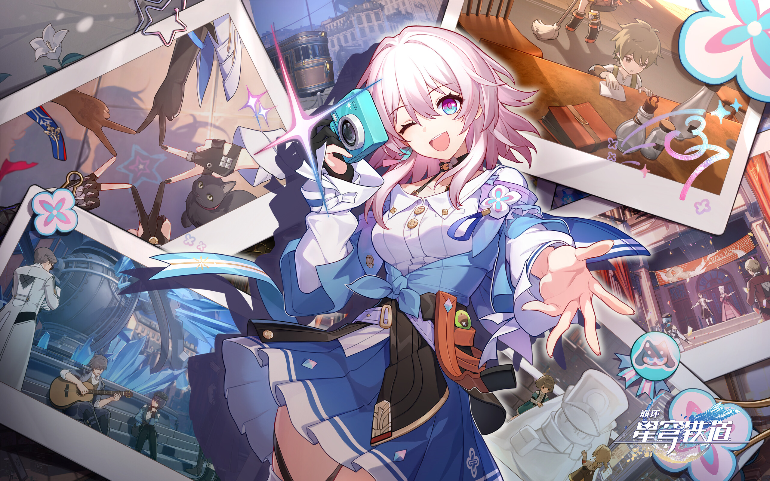 Anime 2560x1600 Honkai: Star Rail San yue qi March 7th (Honkai: Star Rail) wink one eye closed smiling pink hair camera arms reaching anime girls open mouth looking at viewer multi-colored eyes stars