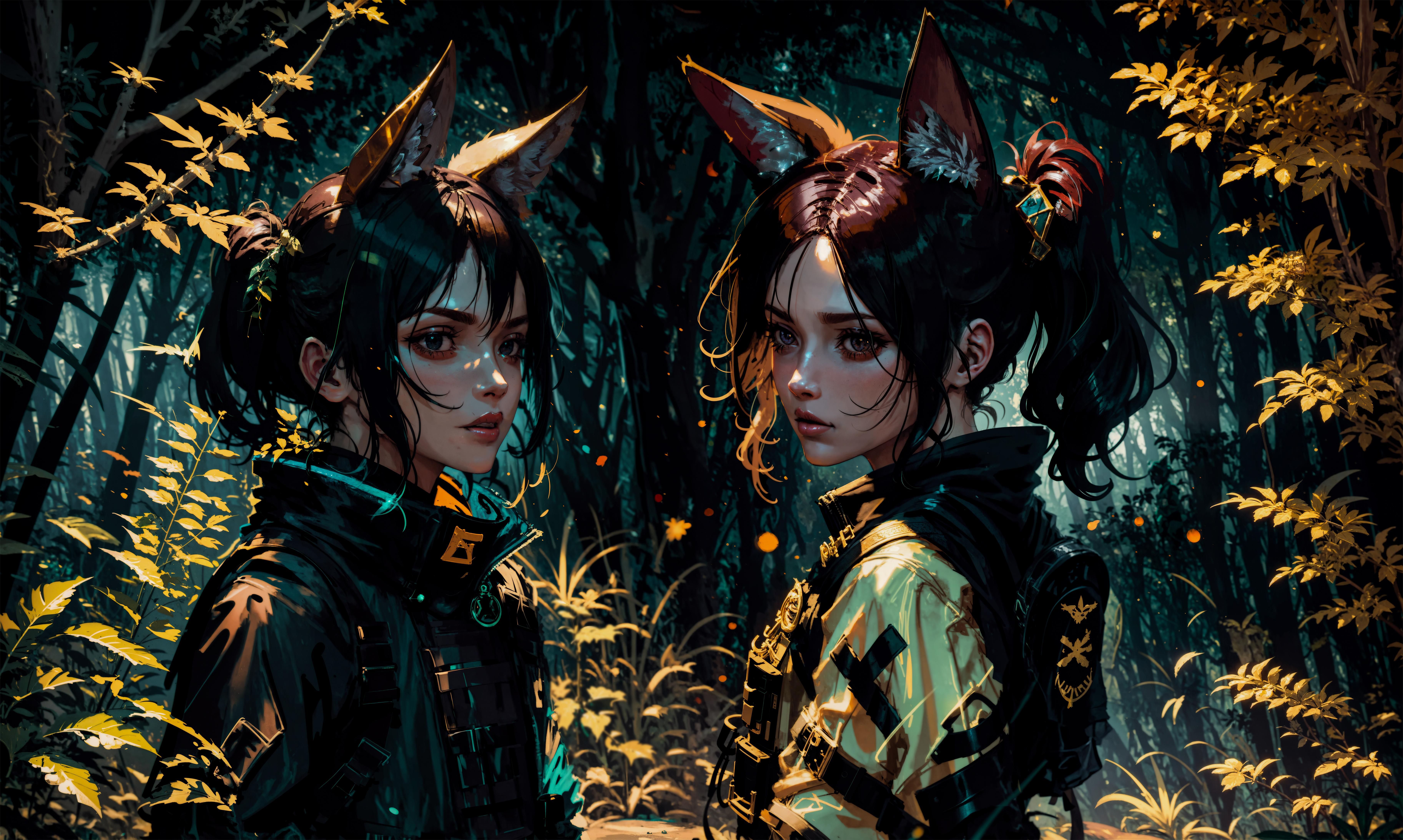 Anime 7300x4371 AI art animal ears forest two women ponytail trees looking at viewer leaves anime girls antlers_anon Iodoff