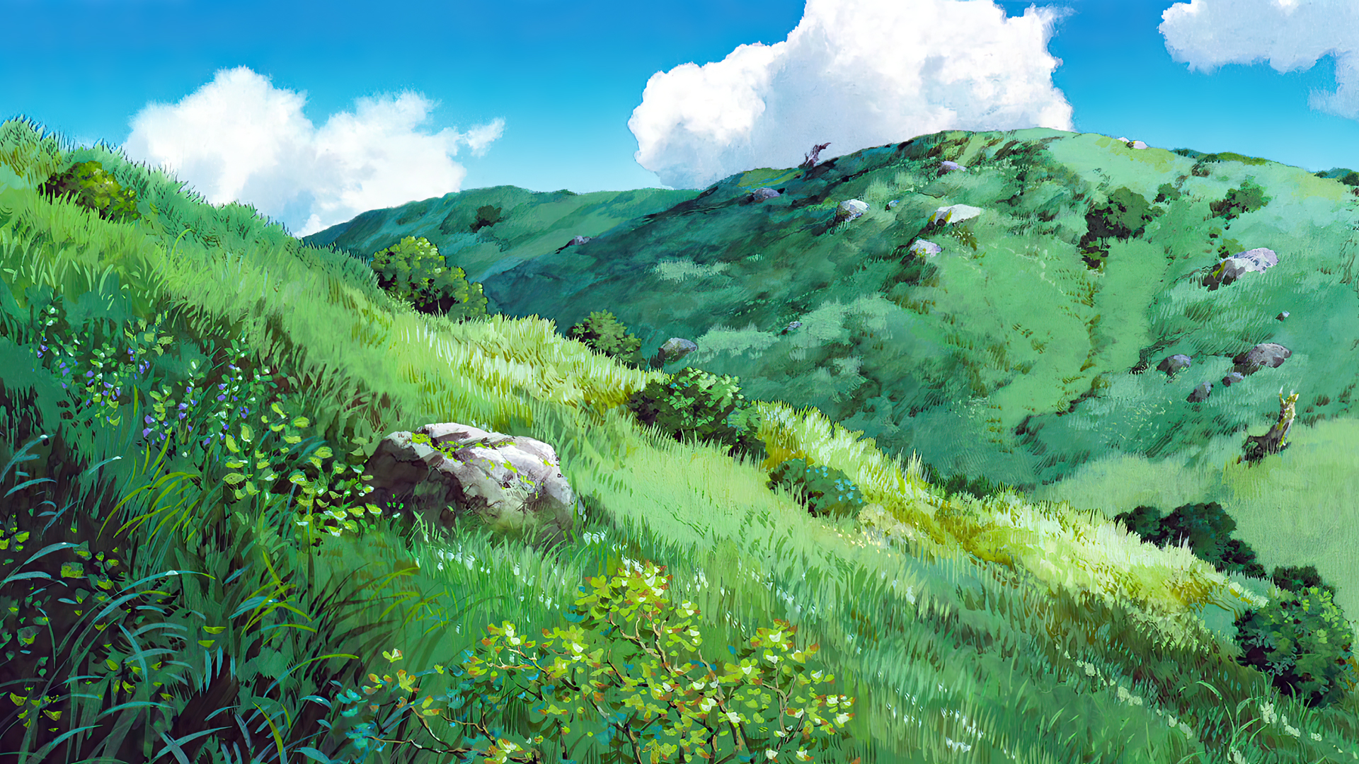 Anime 1920x1080 Princess Mononoke animated movies anime animation film stills Studio Ghibli Hayao Miyazaki field mountains flowers grass nature hills sky clouds bushes rocks