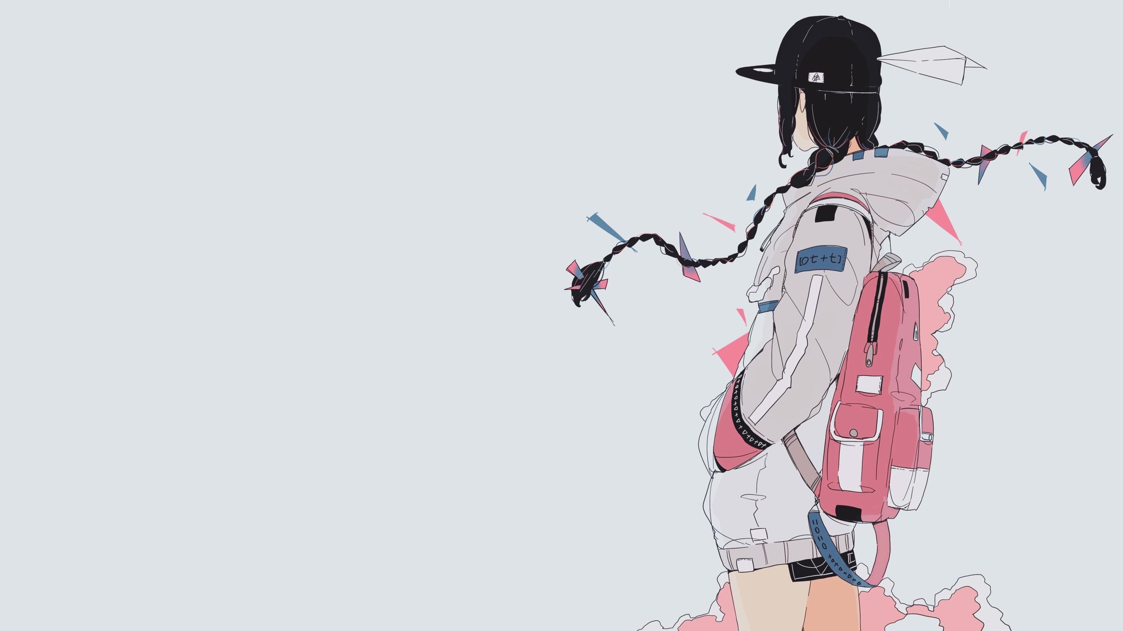 Anime 3840x2160 daisukerichard anime girls original characters hat white background backpacks minimalism simple background looking away hands in pockets braids twintails paperplanes
