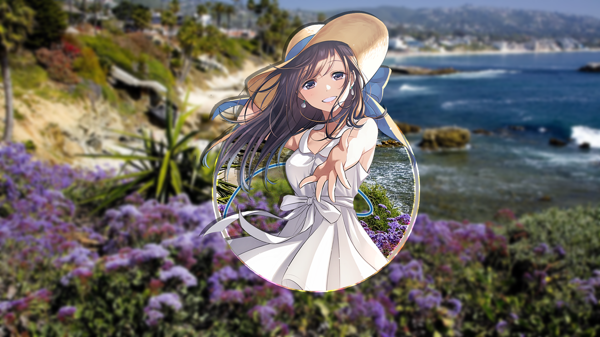 Anime 1920x1080 picture-in-picture anime girls beach landscape flowers sun hats arms reaching looking at viewer hat water white dress smiling sun dress long hair dark hair dark eyes straw hat blurred