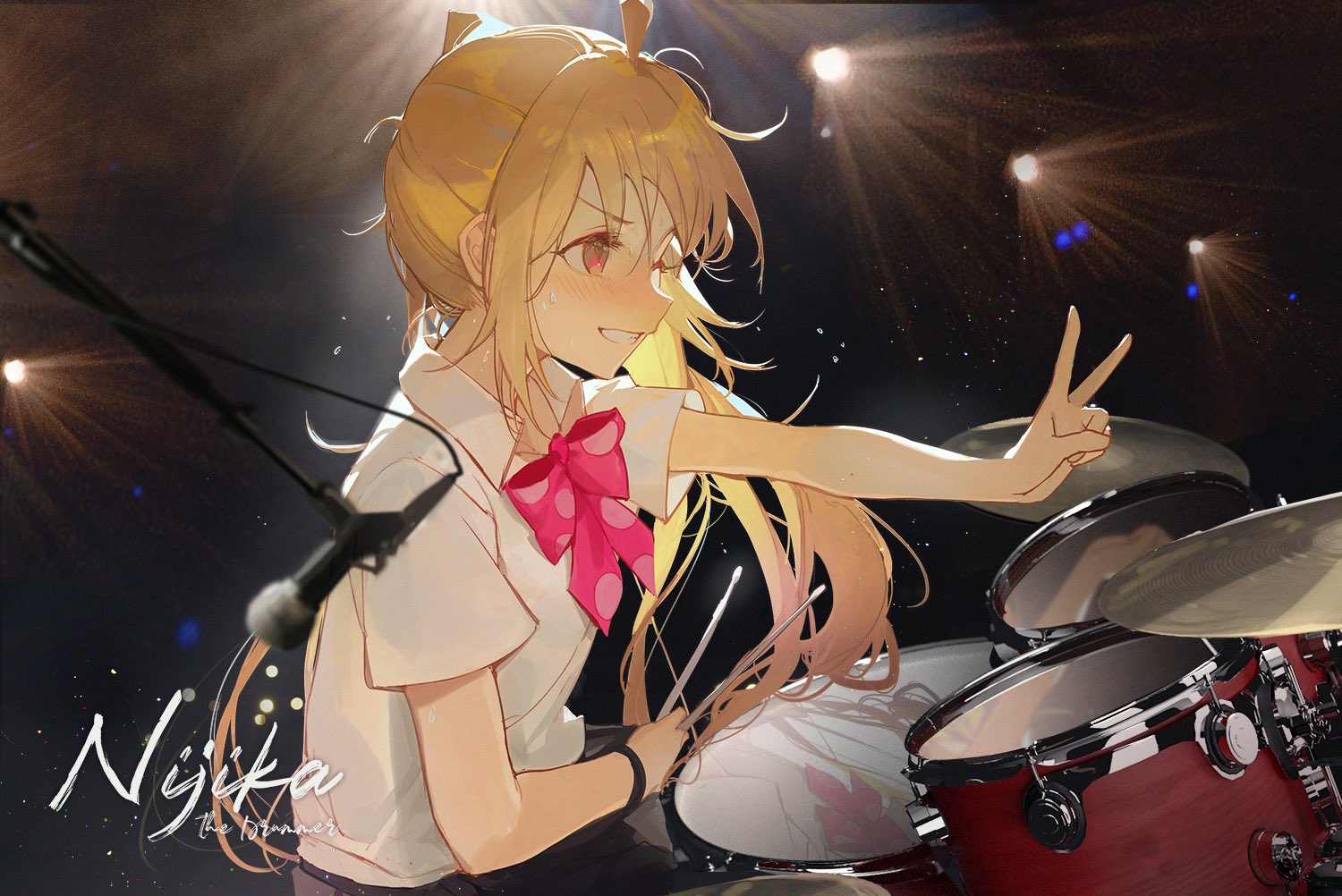Anime 1500x1002 Nijika Ijichi BOCCHI THE ROCK! drums anime girls blonde stages stage light microphone peace sign drummer one eye closed musical instrument smiling blushing long hair