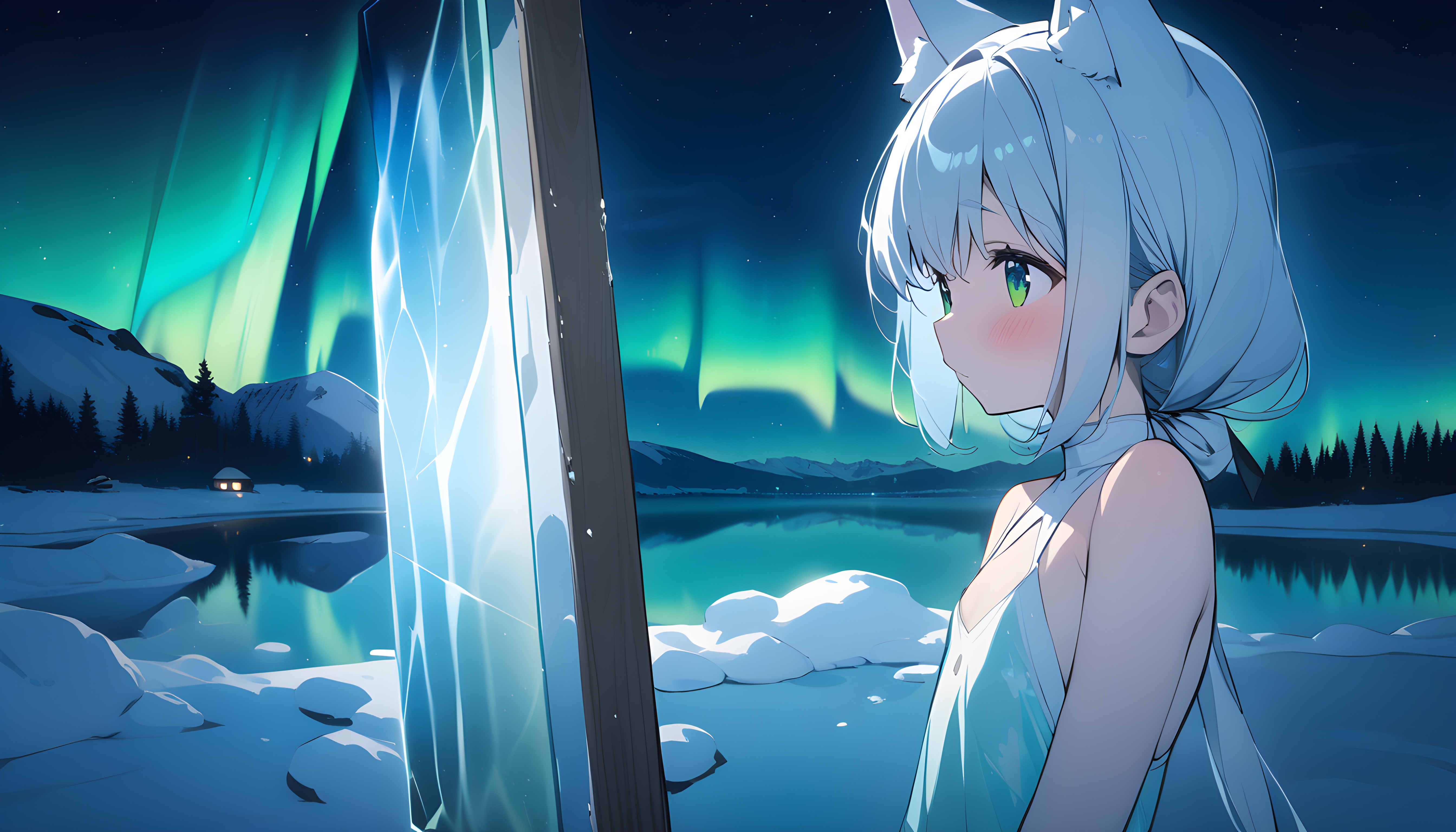 Anime 5376x3072 anime girls AI art cat girl green eyes mirror aurorae blushing long hair women outdoors night trees reflection sky water closed mouth small boobs cat ears