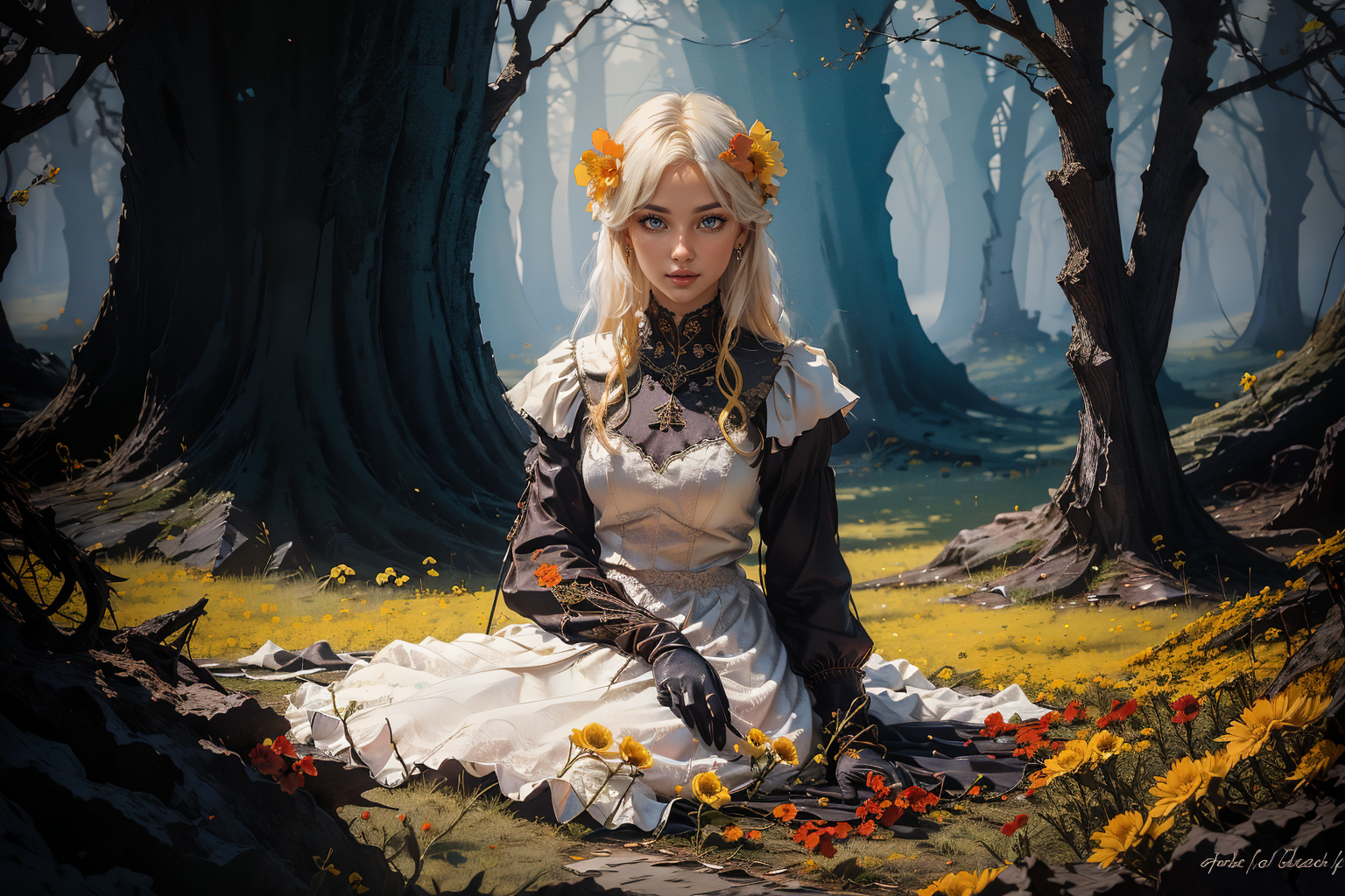 General 1536x1024 AI art digital art white dress blonde forest fantasy painting fantasy princess gloves women indoors trees looking at viewer wood flower in hair long hair long sleeves on the ground grass flowers dress juicy lips parted lips natural light sunlight women