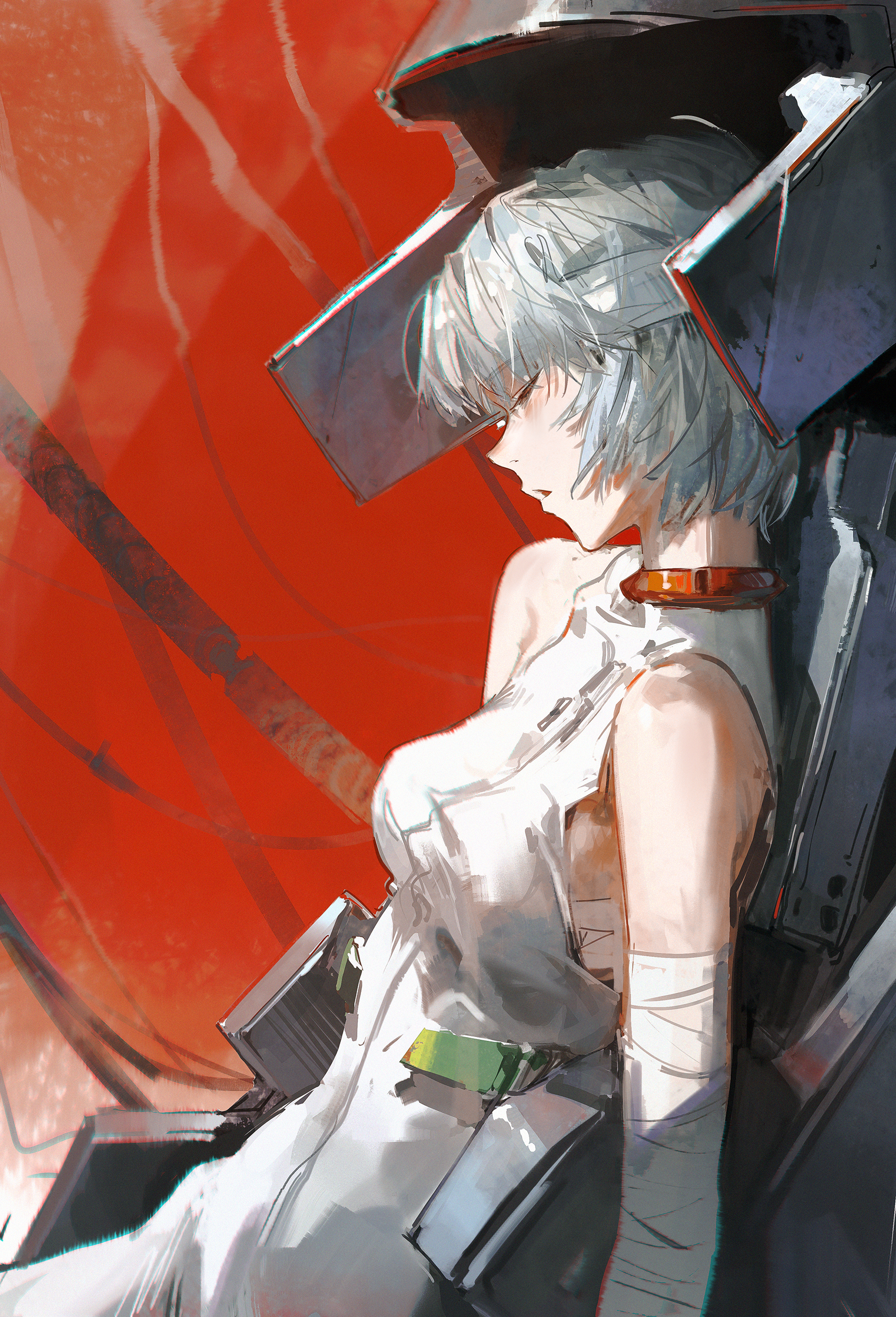 Anime 1700x2498 Dino Art anime anime girls Ayanami Rei Neon Genesis Evangelion portrait display short hair bare shoulders bandages open mouth sleeping closed eyes cables white clothing skinny